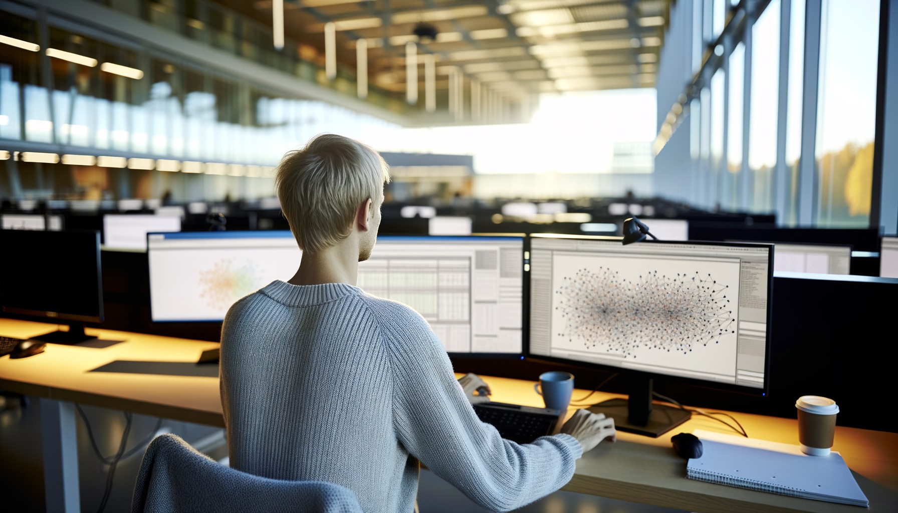 En forskare sedd bakifrån arbetar vid dataskärmar som visar komplexa nätverksdiagram och datavisualisering i ett modernt svenskt forskningskontor.