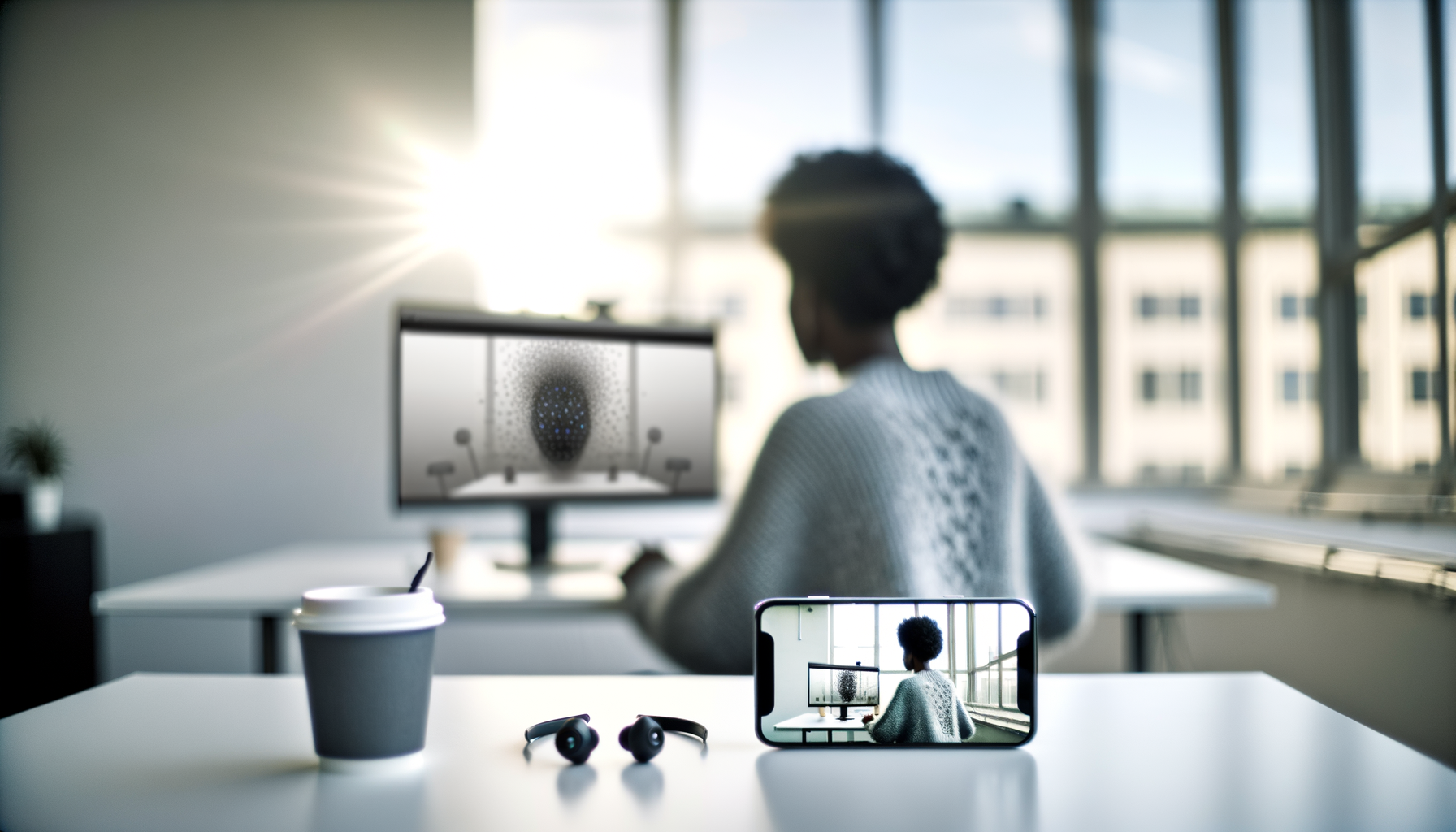 Närbild på en smartphone på ett skrivbord som visar AI-bildgenerering, med en utvecklare som arbetar i bakgrunden på ett svenskt teknikföretags kontor