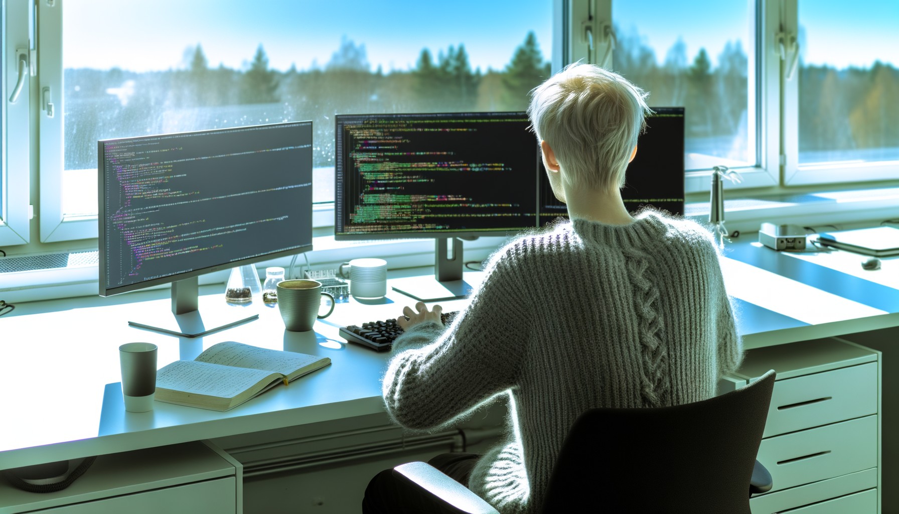 En forskare fotograferad bakifrån arbetar vid datorn med AI-utveckling på ett svenskt teknikföretag. Ljust kontor med stora fönster och flera skärmar som visar kod och datavisualiseringar.