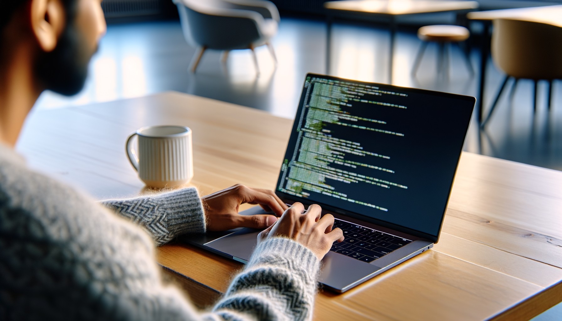 Närbild på laptop med kod på skärmen, en hand på tangentbordet, tagen på ett svenskt forskningscentrum i naturligt dagsljus