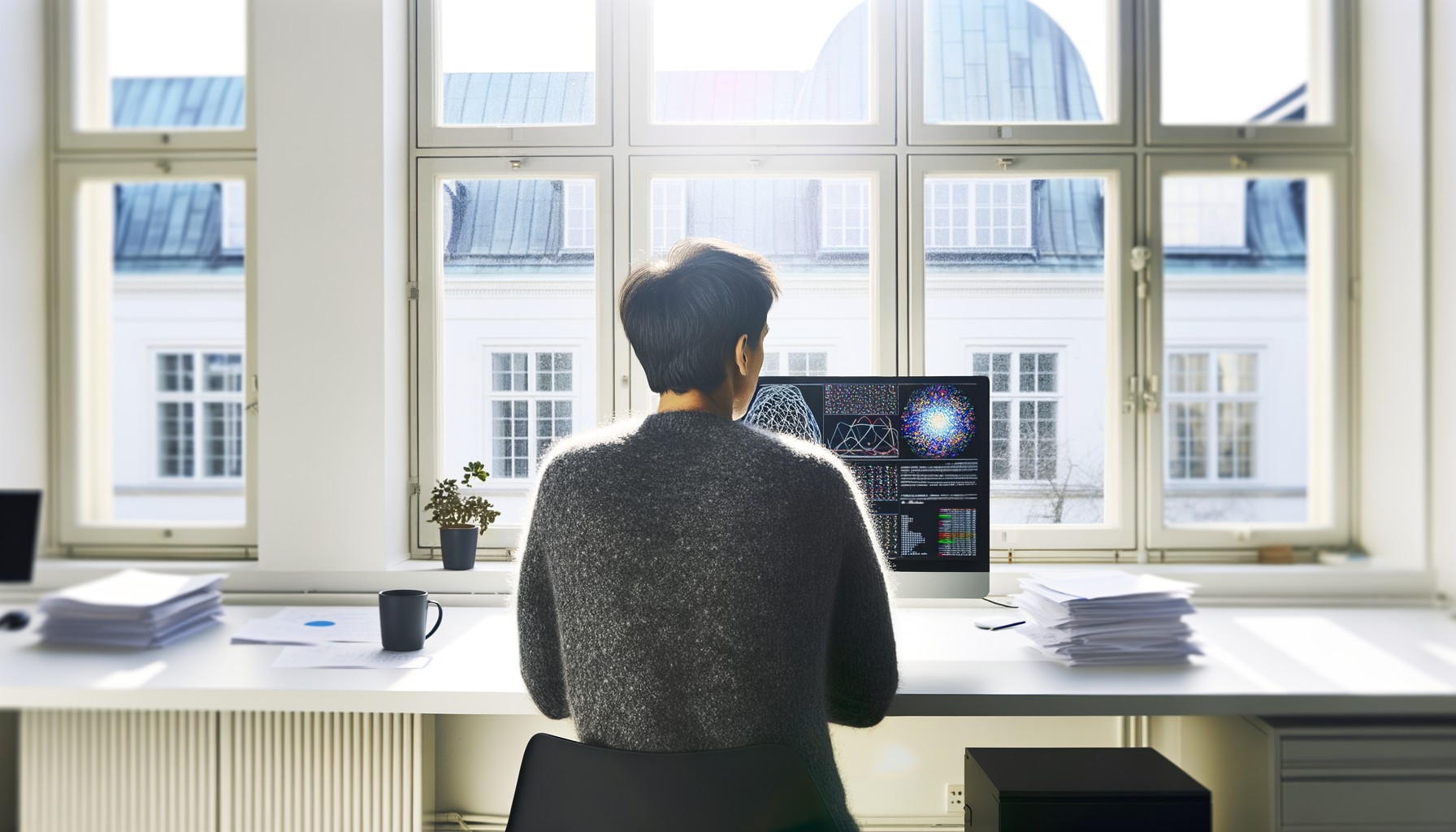 En forskare arbetar vid sin dator på KTH, fotograferad bakifrån medan hen studerar kvantdatorberäkningar på skärmen. Ljust kontor med eftermiddagsljus genom fönstren.