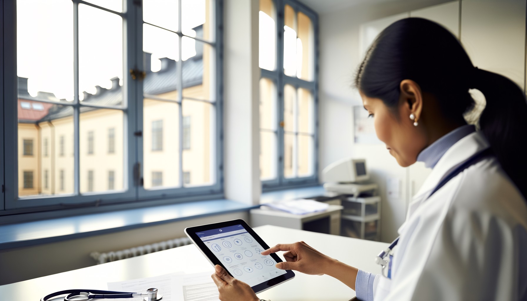 En läkare använder en surfplatta med medicinsk diagnostikprogramvara på en svensk vårdcentral, fotograferad från sidan med naturligt ljus från fönster
