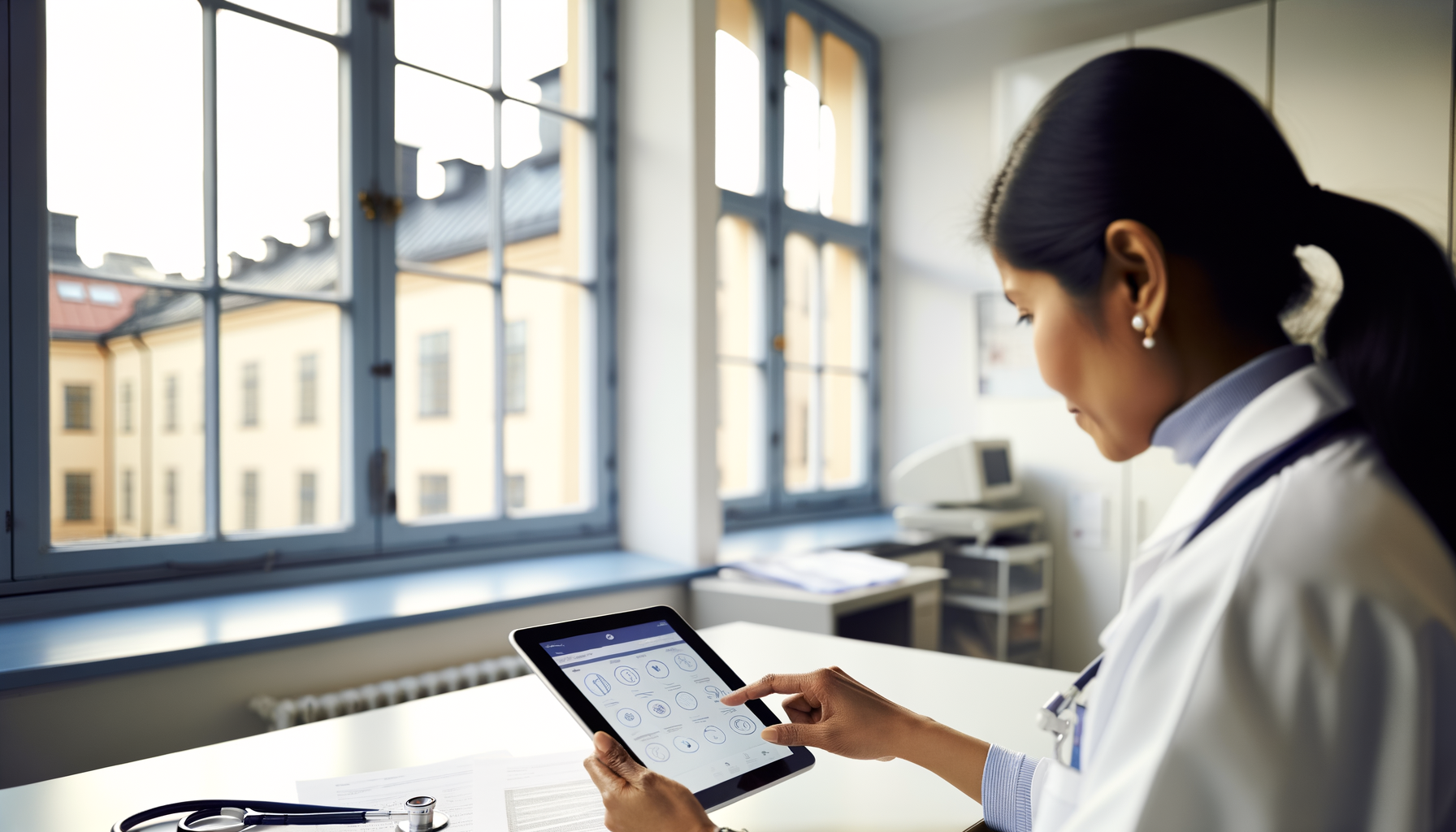 En läkare använder en surfplatta med medicinsk diagnostikprogramvara på en svensk vårdcentral, fotograferad från sidan med naturligt ljus från fönster