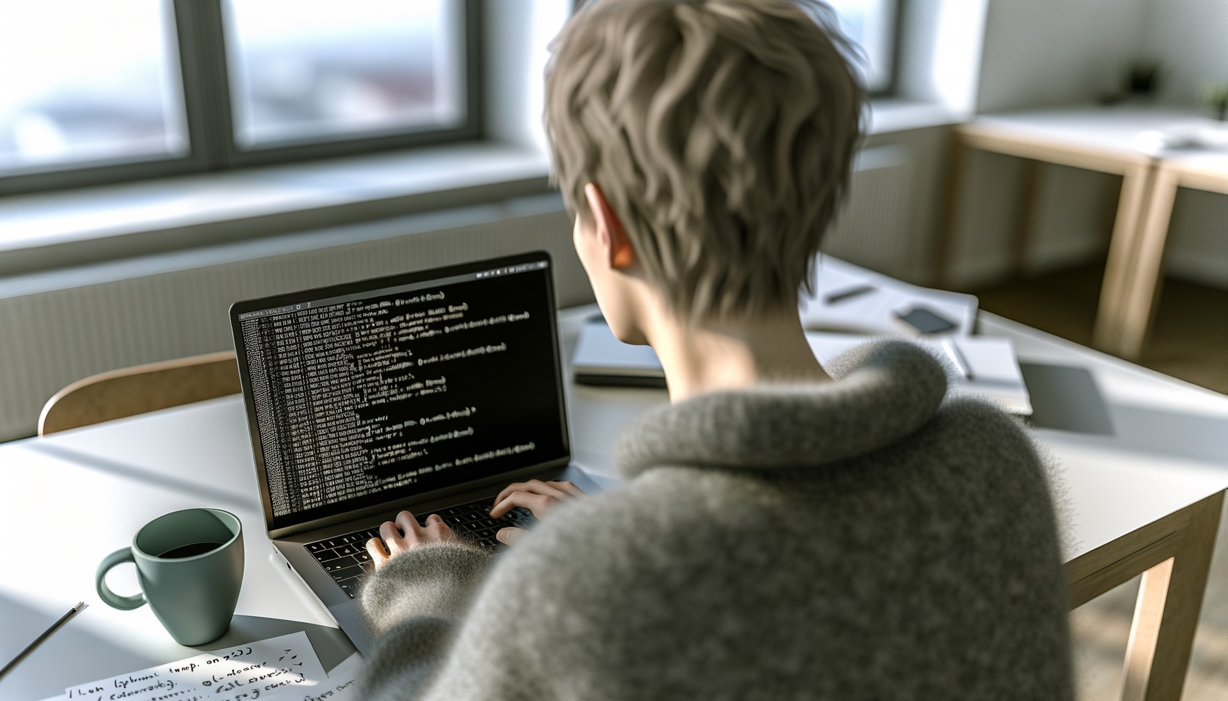 En mjukvaruutvecklare arbetar vid sin dator med databearbetning, fotograferad bakifrån vid ett kontorsskrivbord med flera terminalfönster öppna på skärmen.