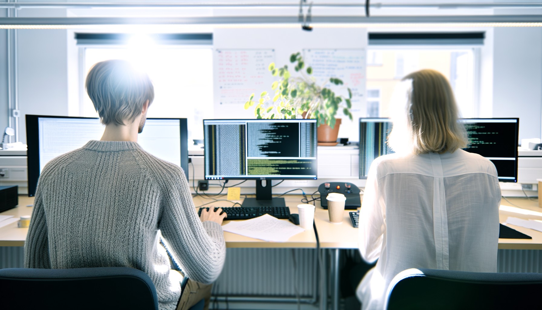 Två forskare arbetar vid sina datorer på ett AI-forskningslabb, fotograferade från sidan. Datorskärmar visar datavisualiseringar och kod i en ljus, modern forskningsmiljö.