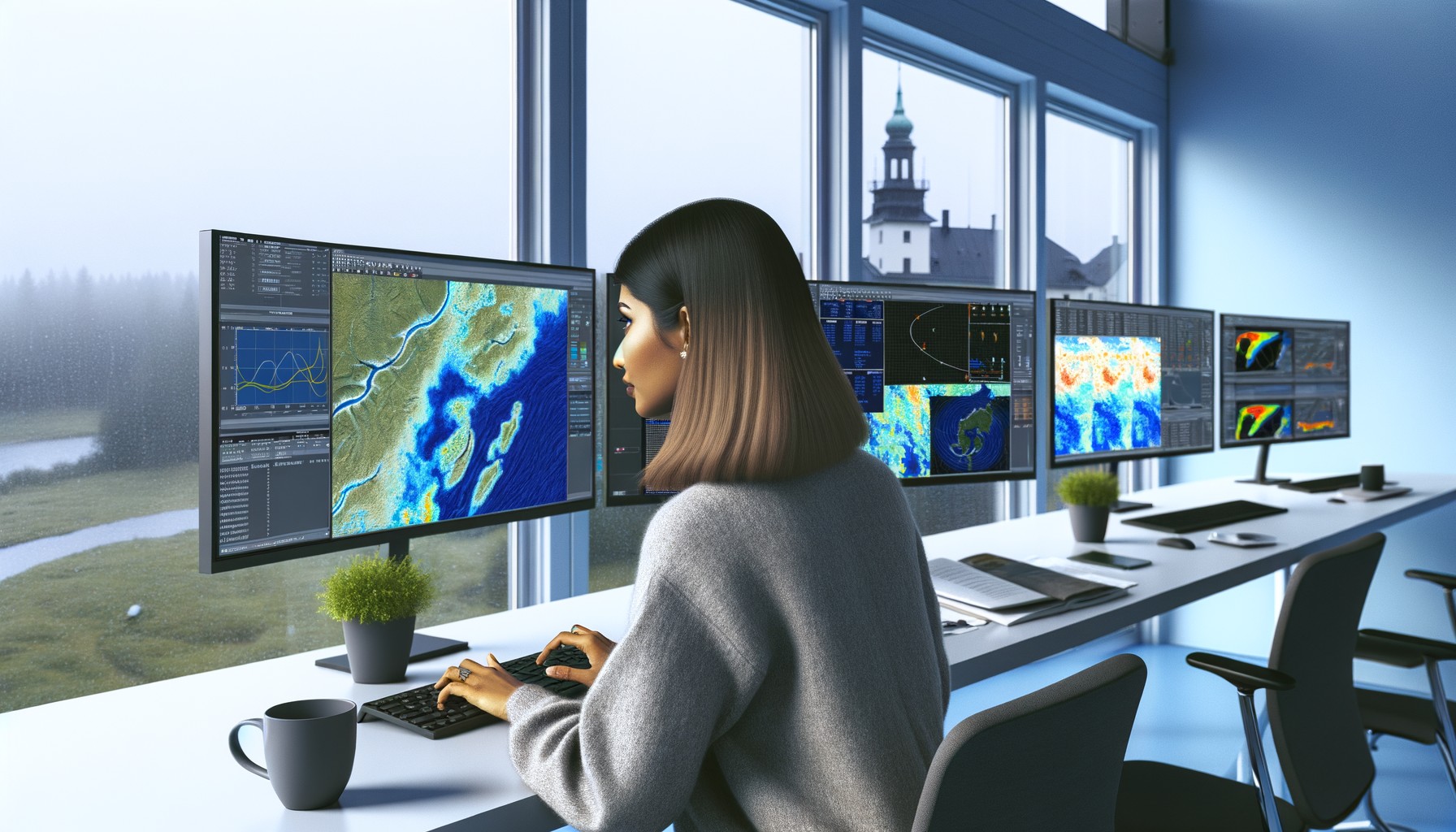 En forskare sitter med ryggen mot kameran framför datorskärmar som visar satellitbilder och väderdata för översvämningsförutsägelser på ett svenskt tekniskt institut.