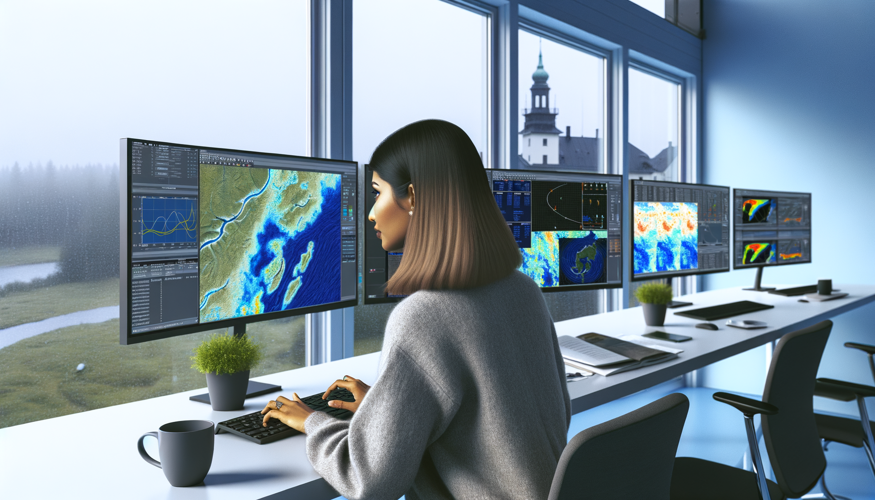 En forskare sitter med ryggen mot kameran framför datorskärmar som visar satellitbilder och väderdata för översvämningsförutsägelser på ett svenskt tekniskt institut.