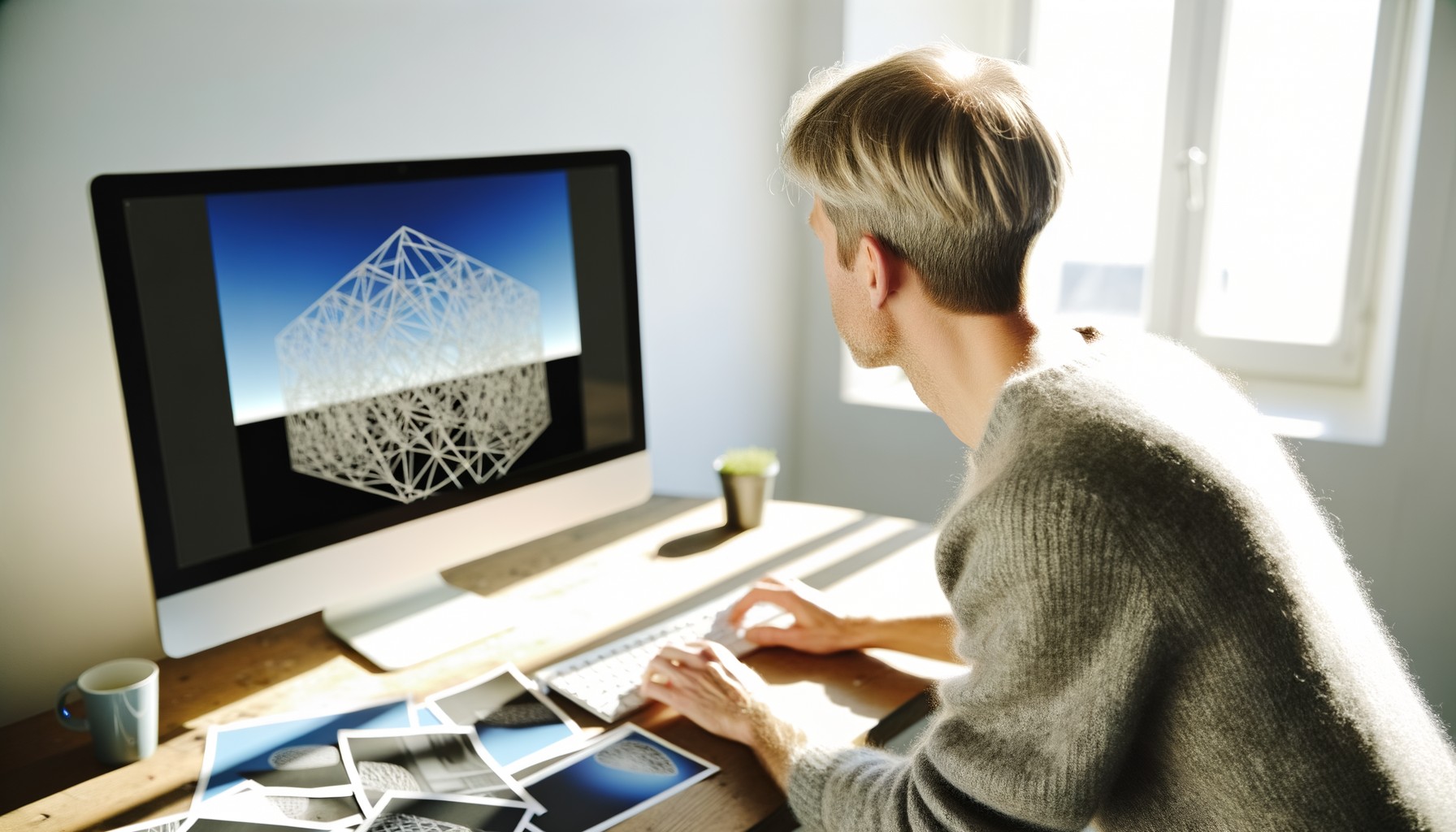 En forskare studerar 3D-modeller på en datorskärm, med vanliga fotografier utspridda på skrivbordet bredvid, i ett ljust kontorsrum med nordisk inredning.