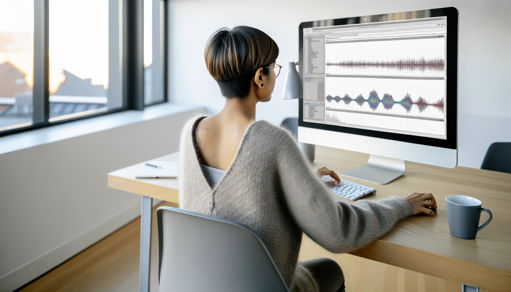 En person fotograferad bakifrån som arbetar vid en dator med dataanalys på skärmen, i en ljus svensk kontorsmiljö