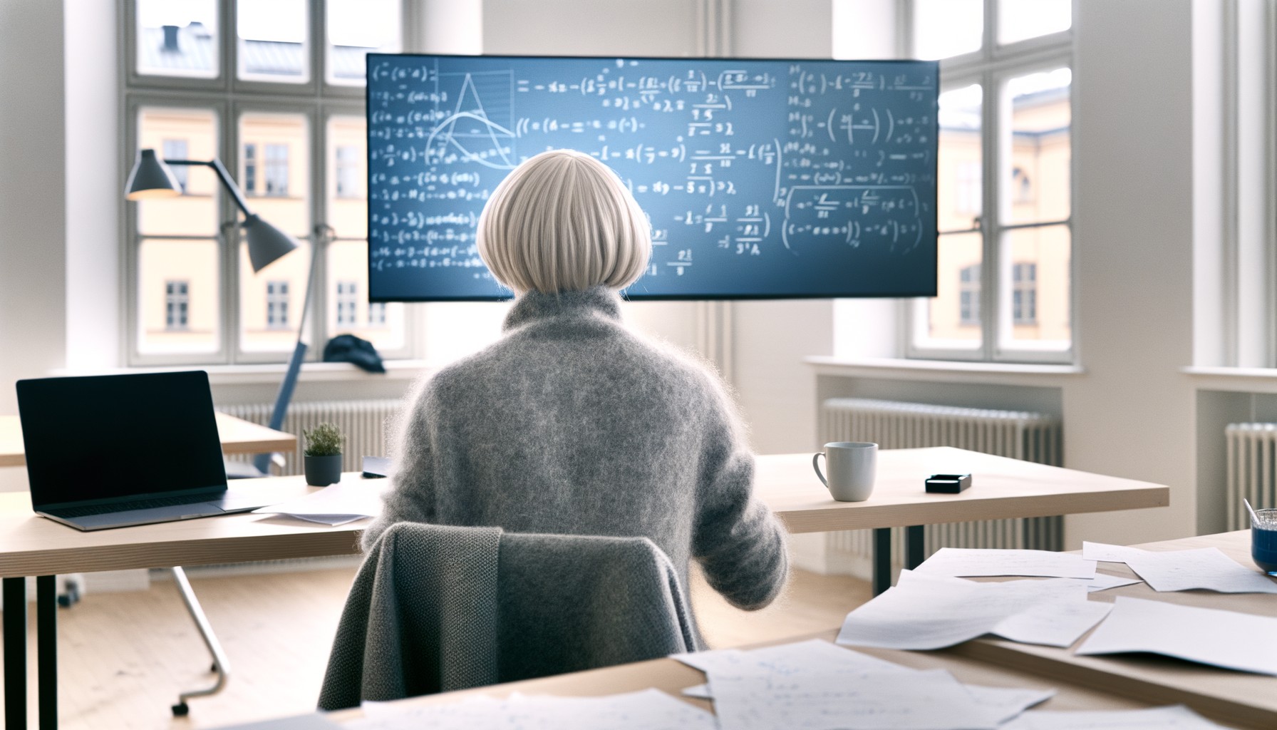 En forskare arbetar vid sin dator på KTH med komplexa matematiska beräkningar synliga på skärmen, omgiven av papper och anteckningar i ett ljust kontorsrum.