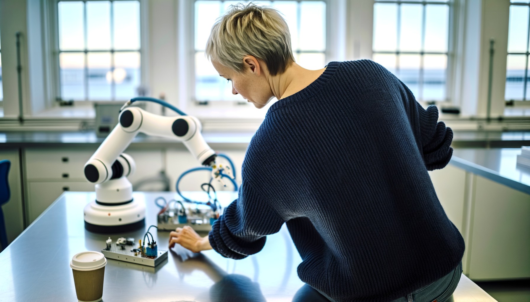En forskare ses bakifrån medan hen arbetar med en vit robotarm i ett ljust laboratorium. Personen bär en marinblå tröja och lutar sig fram för att undersöka roboten på en arbetsbänk.