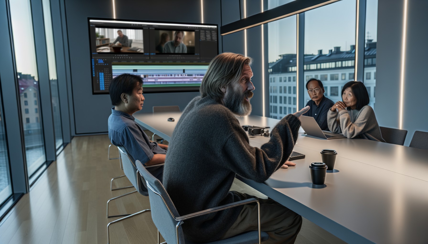En filmregissör i mörk tröja sitter vid ett konferensbord och gestikulerar mot en stor skärm, medan AI-forskare lyssnar intresserat i ett ljust mötesrum med utsikt över Stockholm.