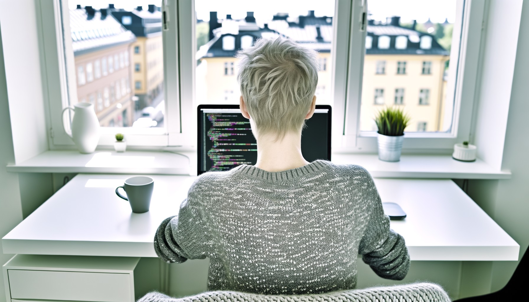 En utvecklare sedd bakifrån arbetar vid en laptop i ett ljust stockholmskontor med kod synlig på skärmen