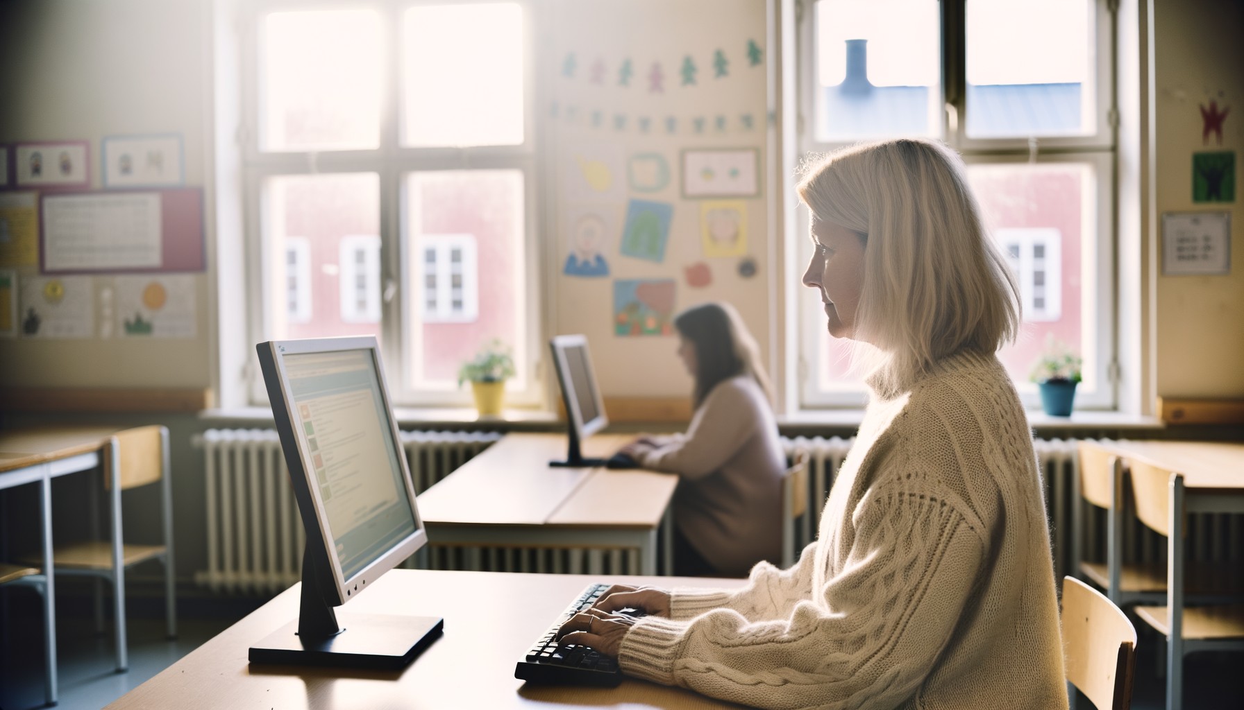 En lärare arbetar vid sin dator i ett klassrum med naturligt ljus från fönster, omgiven av elevers teckningar och en lugn arbetsmiljö.