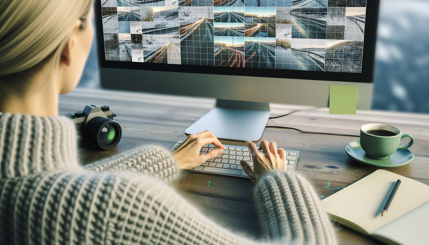 Närbild på en datorskärm som visar AI-forskningsdata med en forskares händer som skriver på tangentbordet i förgrunden.