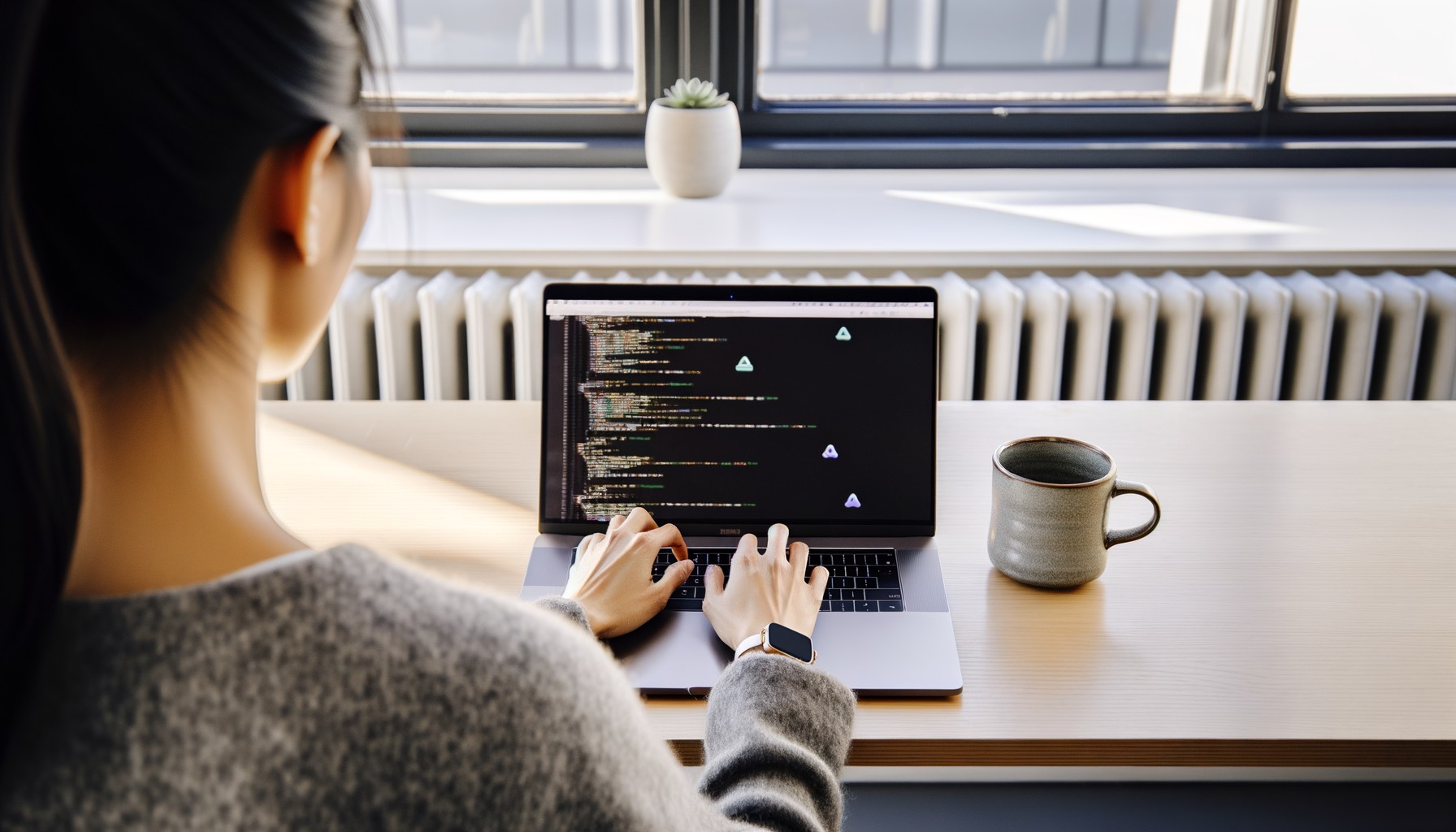 Närbild av händer som skriver på ett tangentborg framför en datorskärm som visar kod och enkla spelgrafik, i ett ljust svenskt kontorsmiljö