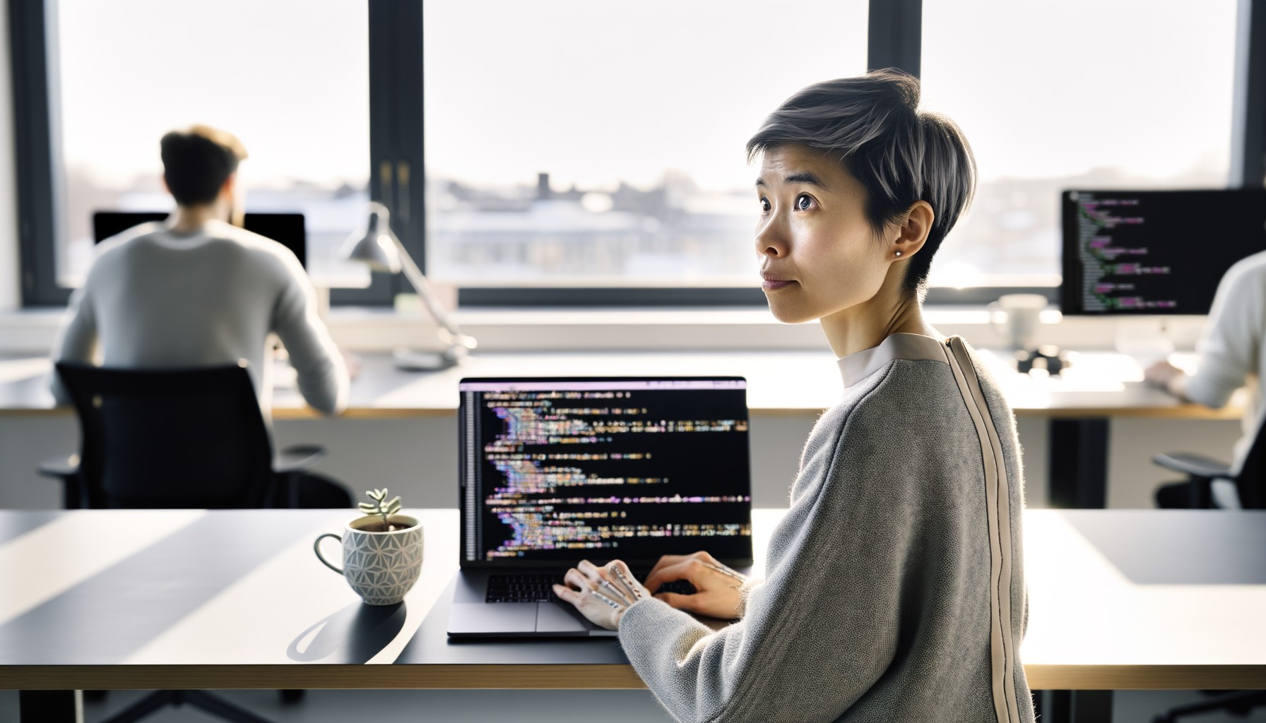 Närbildsfoto av en laptopskärm med kod och AI-träningsdata, fotograferad över axeln på en mjukvaruingenjör på ett svenskt teknikföretag