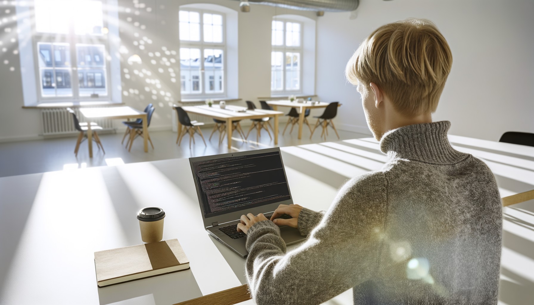 Närbild på händer som skriver på en bärbar dator med kod på skärmen, fotograferat över axeln på en programmerare i en svensk tech-miljö