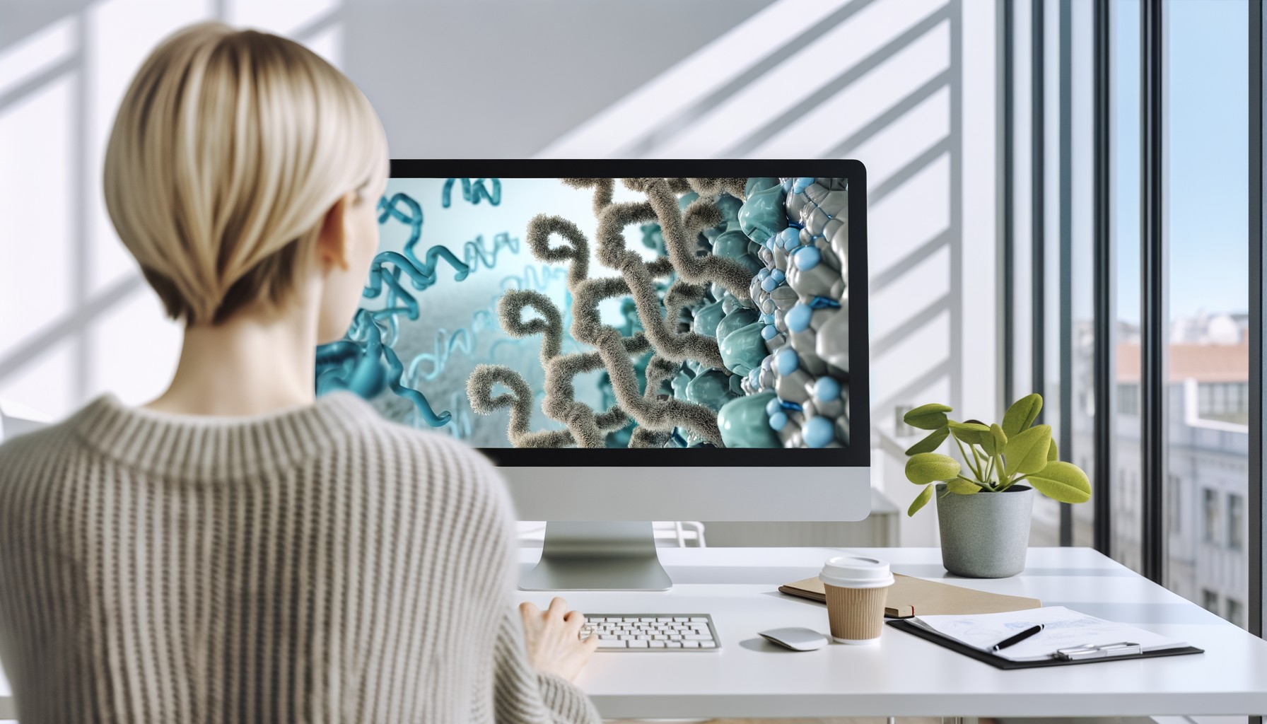 En forskare sedd bakifrån arbetar vid en dator som visar proteinstrukturer och molekylära diagram på skärmen. Ljust kontor med modern inredning och växter.