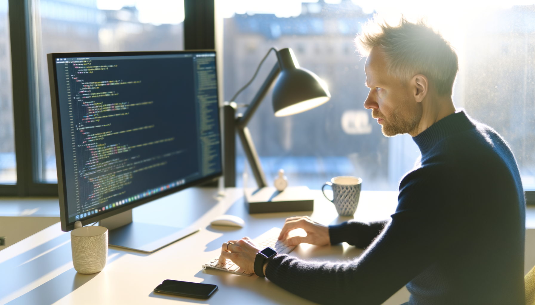 En programmerare sedd bakifrån studerar kod på en datorskärm i ett ljust kontorslandskap i Stockholm, med kaffe och hörlurar på skrivbordet.
