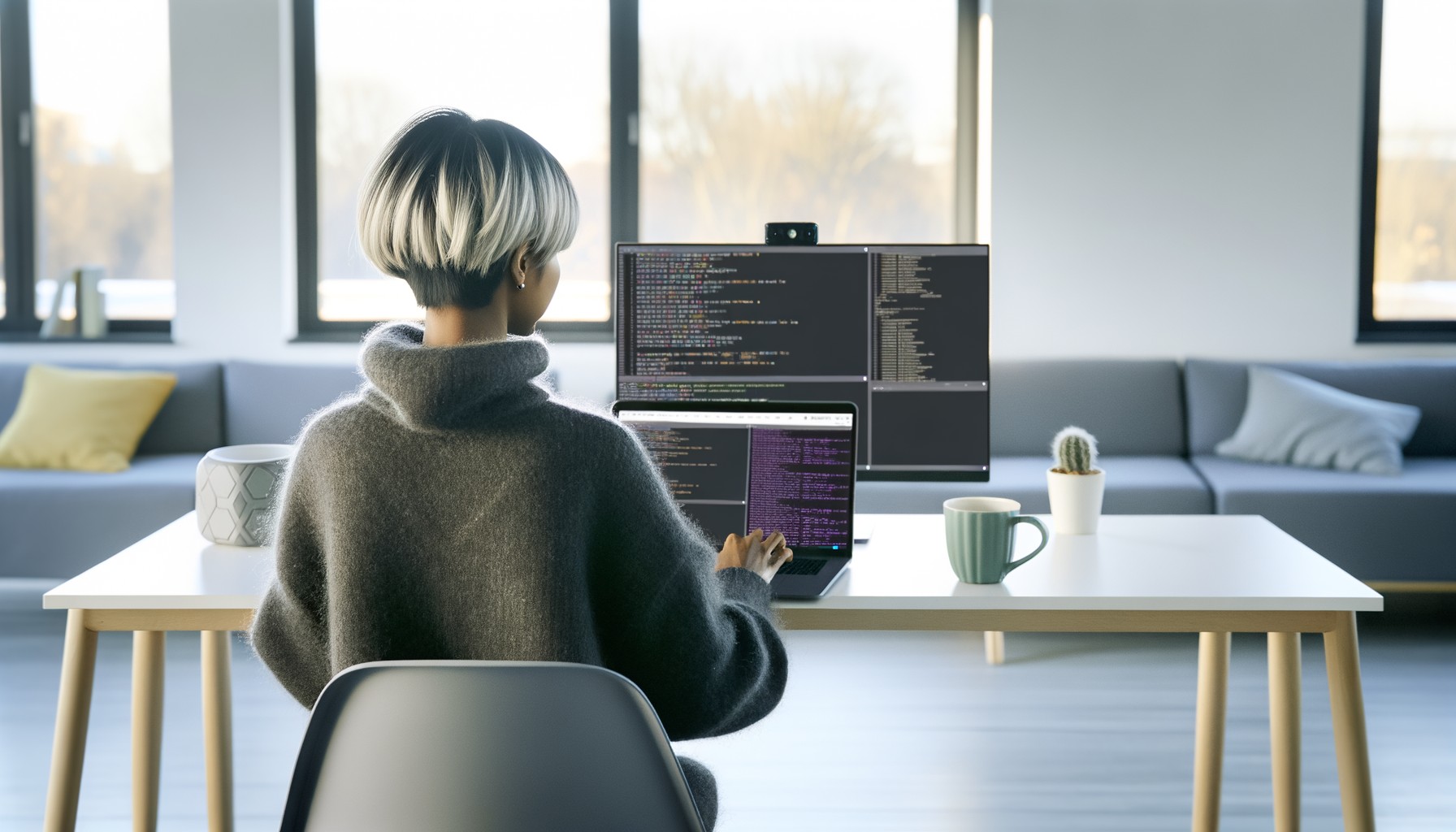 En utvecklare arbetar vid sin dator på ett modernt svenskt kontor, fotograferad bakifrån medan hen kodar AI-verktyg