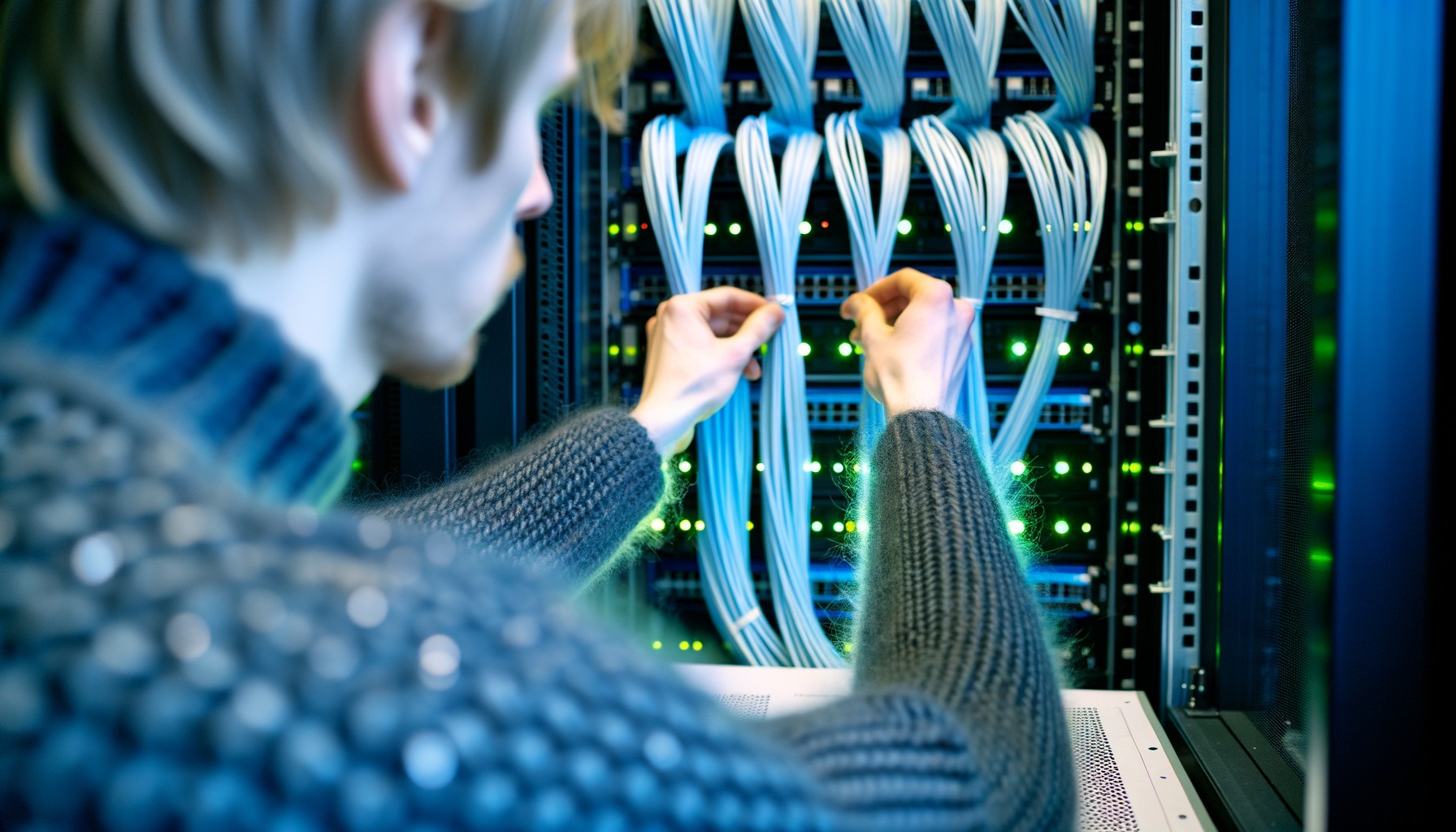 En person justerar kablar i ett serverrack på ett datacenter, fotograferad bakifrån med fokus på händerna som arbetar med teknisk utrustning.