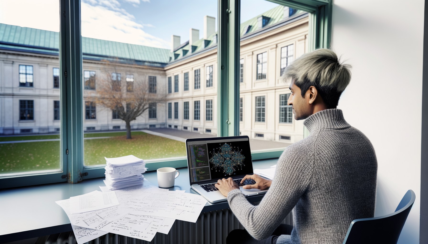 En forskare vid dator arbetar med AI-forskning, sedd bakifrån vid ett fönster med utsikt över universitetsområde