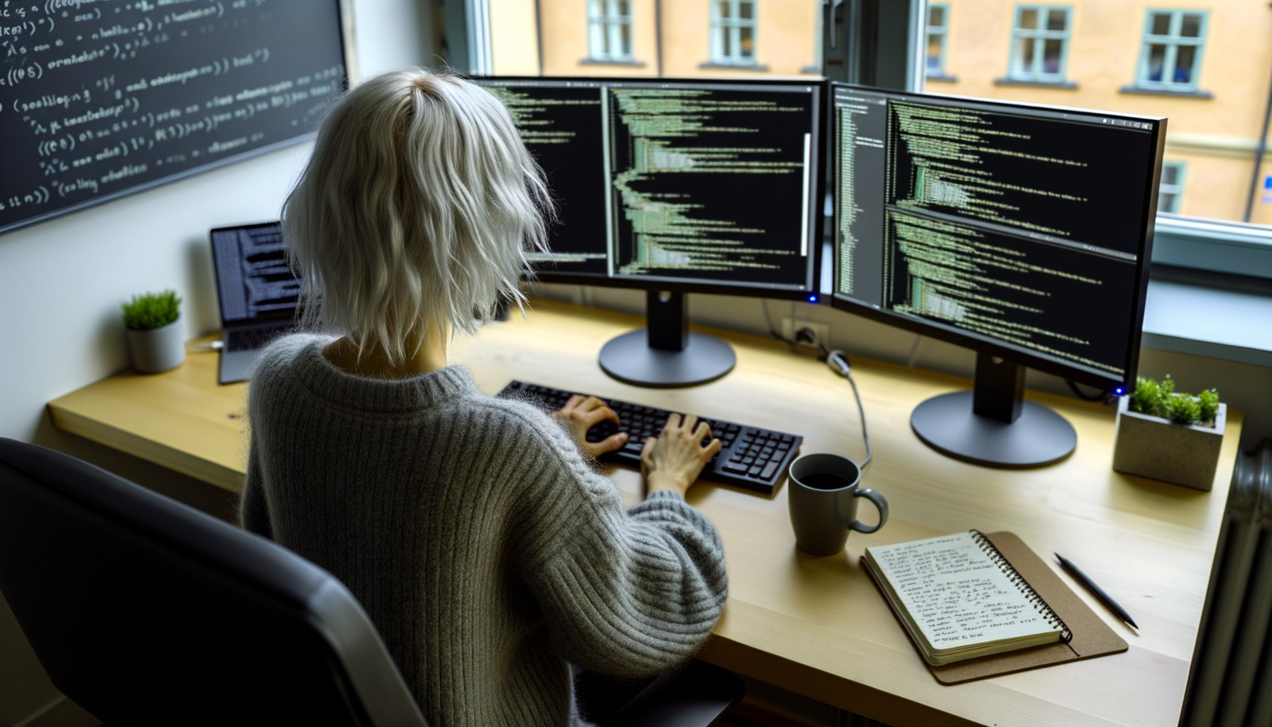 En forskare sedd bakifrån arbetar vid en dator med flera skärmar som visar kod och träningsdata för artificiell intelligens på ett forskningslaboratorium i Stockholm.