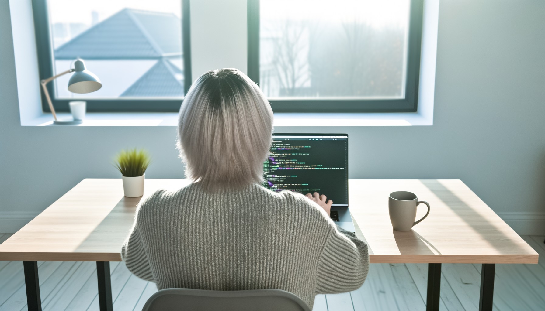 En programmerare sedd bakifrån arbetar vid en laptop på ett ljust kontor med typisk skandinavisk design, symboliserande utvecklingen inom öppen källkods-AI.