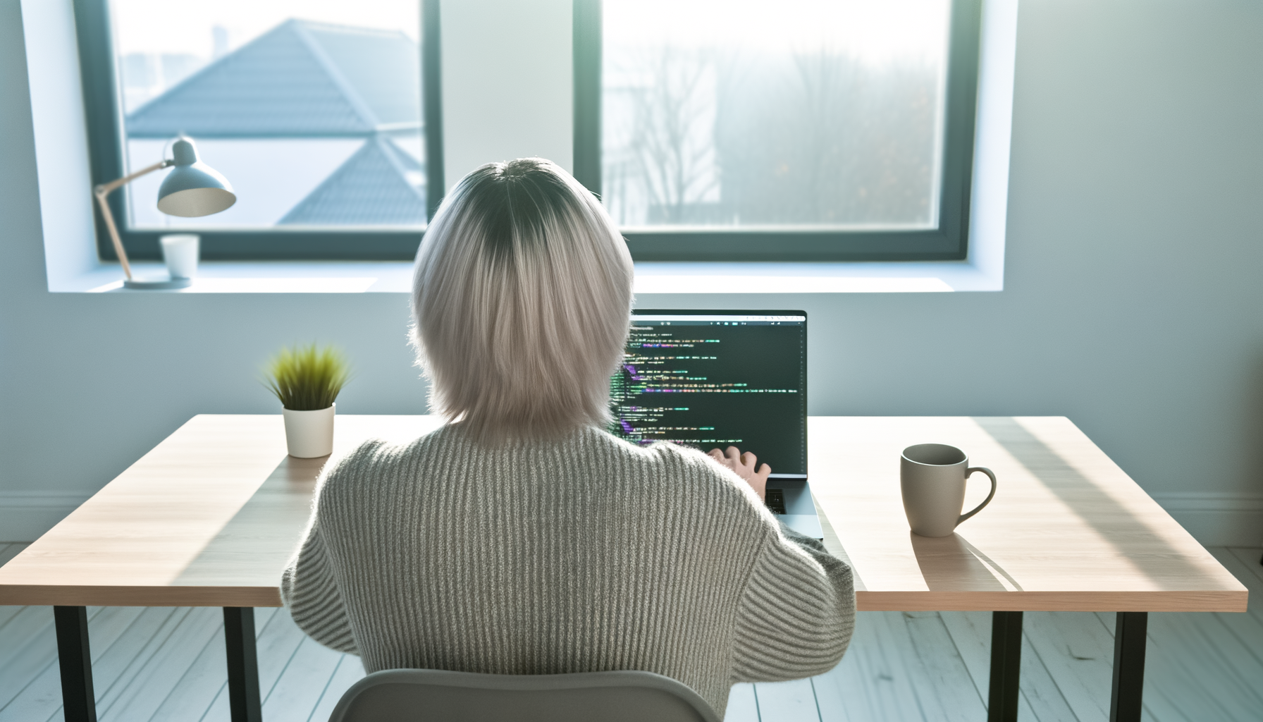 En programmerare sedd bakifrån arbetar vid en laptop på ett ljust kontor med typisk skandinavisk design, symboliserande utvecklingen inom öppen källkods-AI.