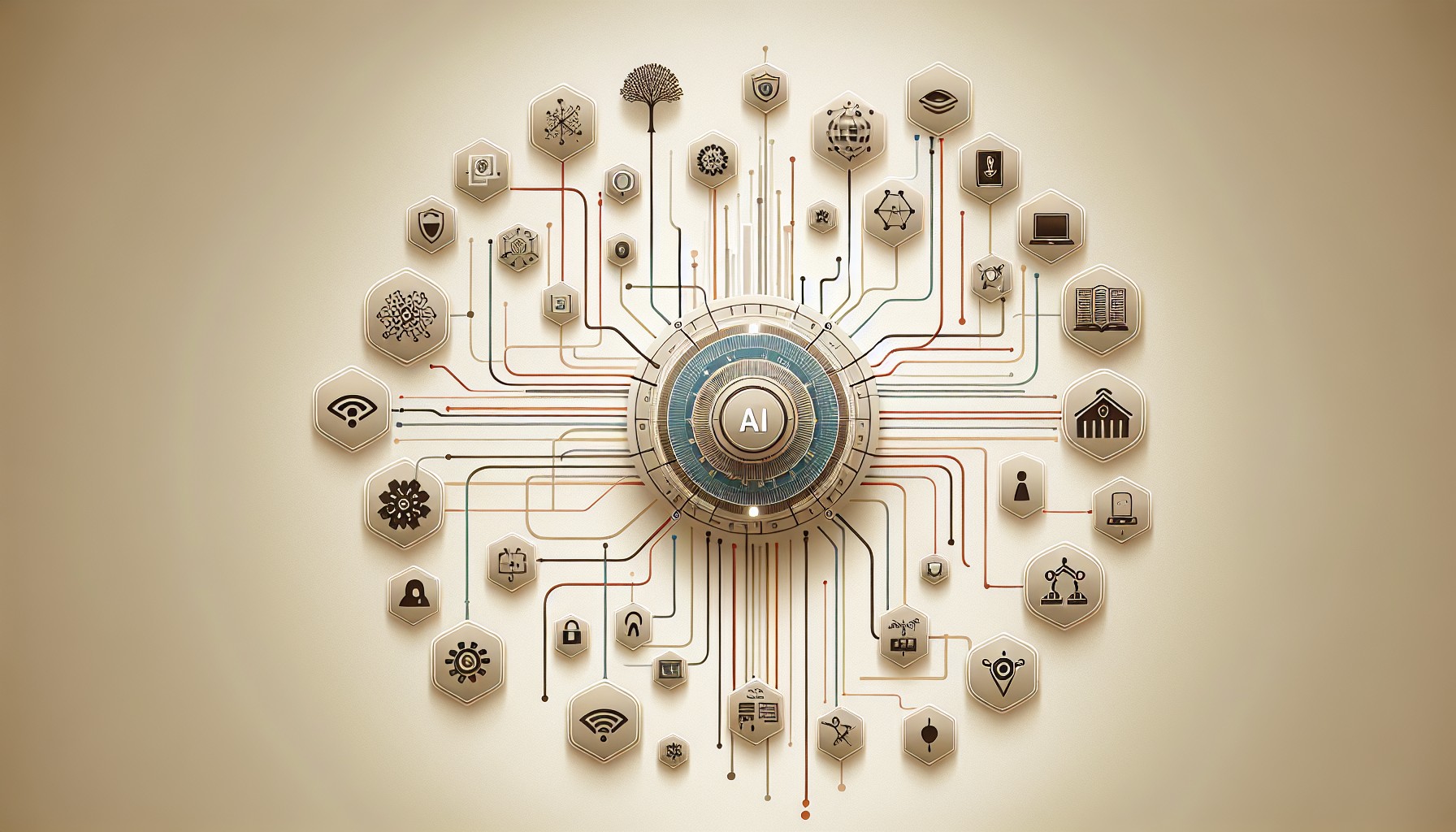 Illustration som visar Googles AI-strategi som en central knutpunkt med förbindelser till olika samhällssektorer som jordbruk och säkerhet