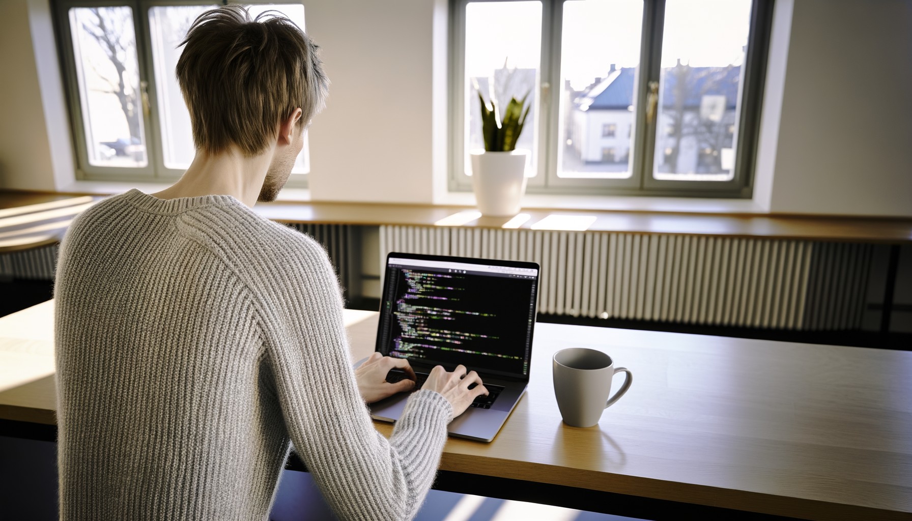 En person sitter vid en laptop och programmerar, fotograferad bakifrån på ett svenskt teknikkontor med ljust dagsljus genom fönstren