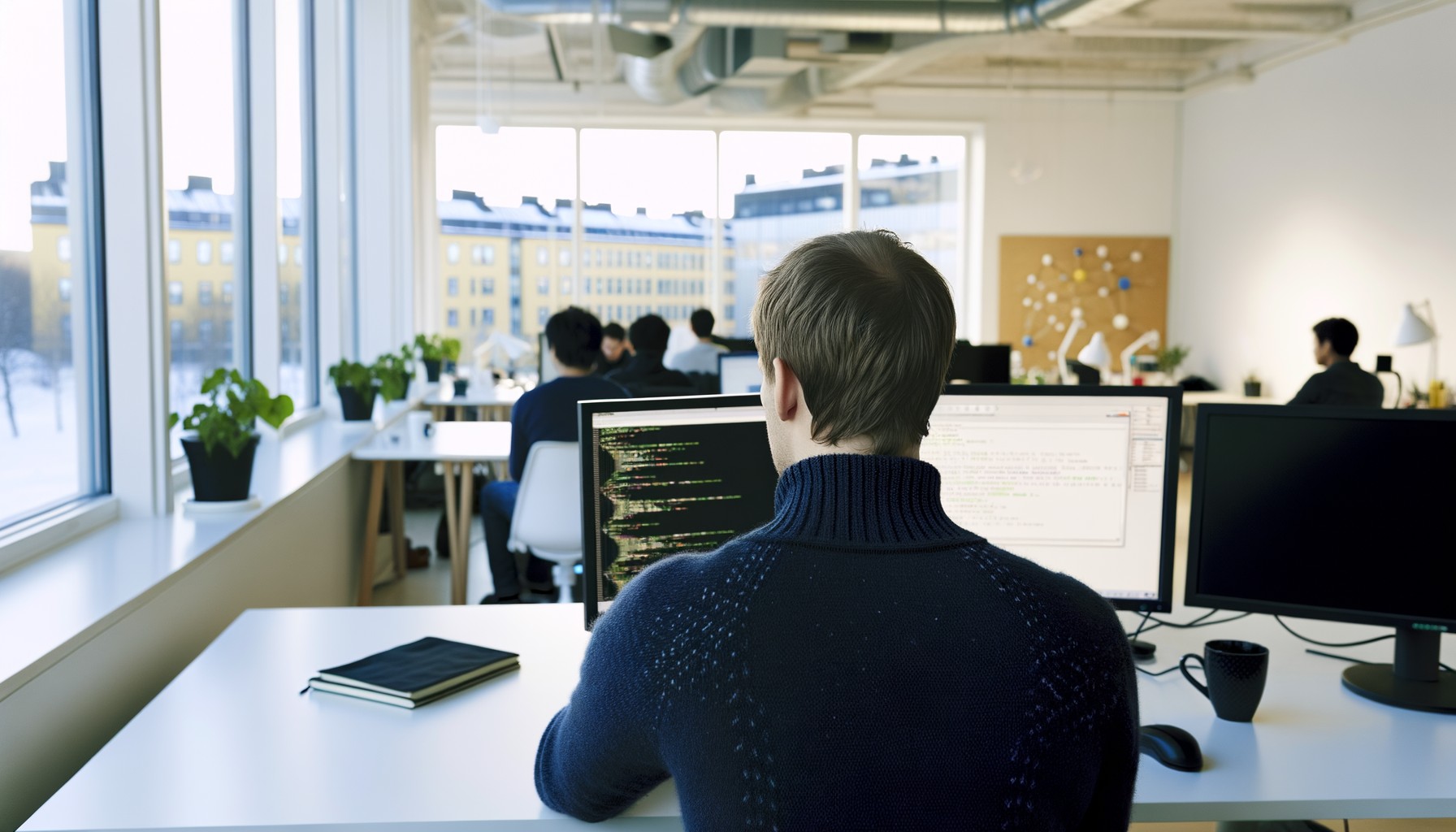 En programmerare arbetar vid sin dator på ett svenskt teknikkontor, fotograferad bakifrån medan hon fokuserar på skärmar som visar kod och datavisualiseringar.