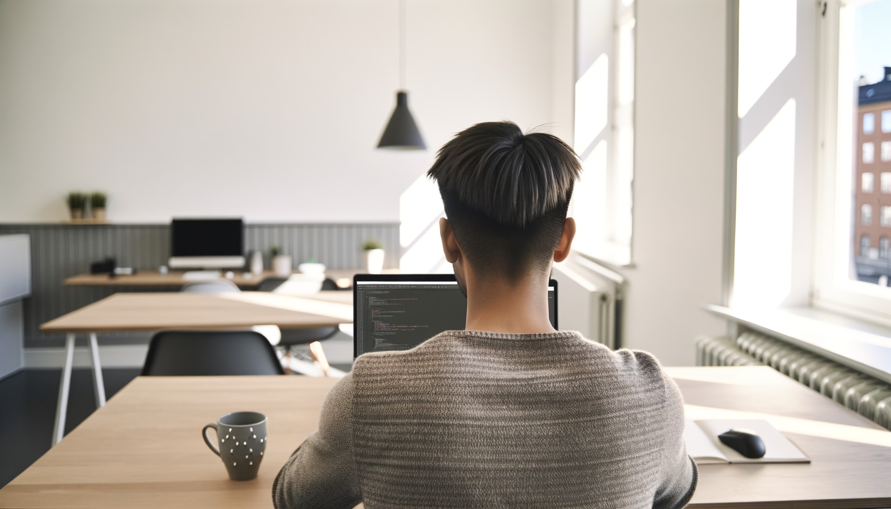 En programmerare sitter vid sin dator på ett svenskt teknikkontor, fotograferad bakifrån medan de arbetar med kod på sin laptop i naturligt dagsljus.