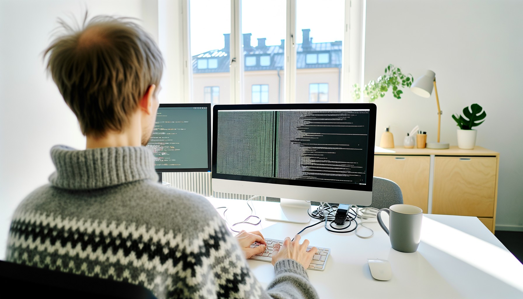 En programmerare arbetar vid datorn på ett teknikkontor, sedd från sidan medan ljus från fönstret lyser upp arbetsplatsen med kod på skärmen.