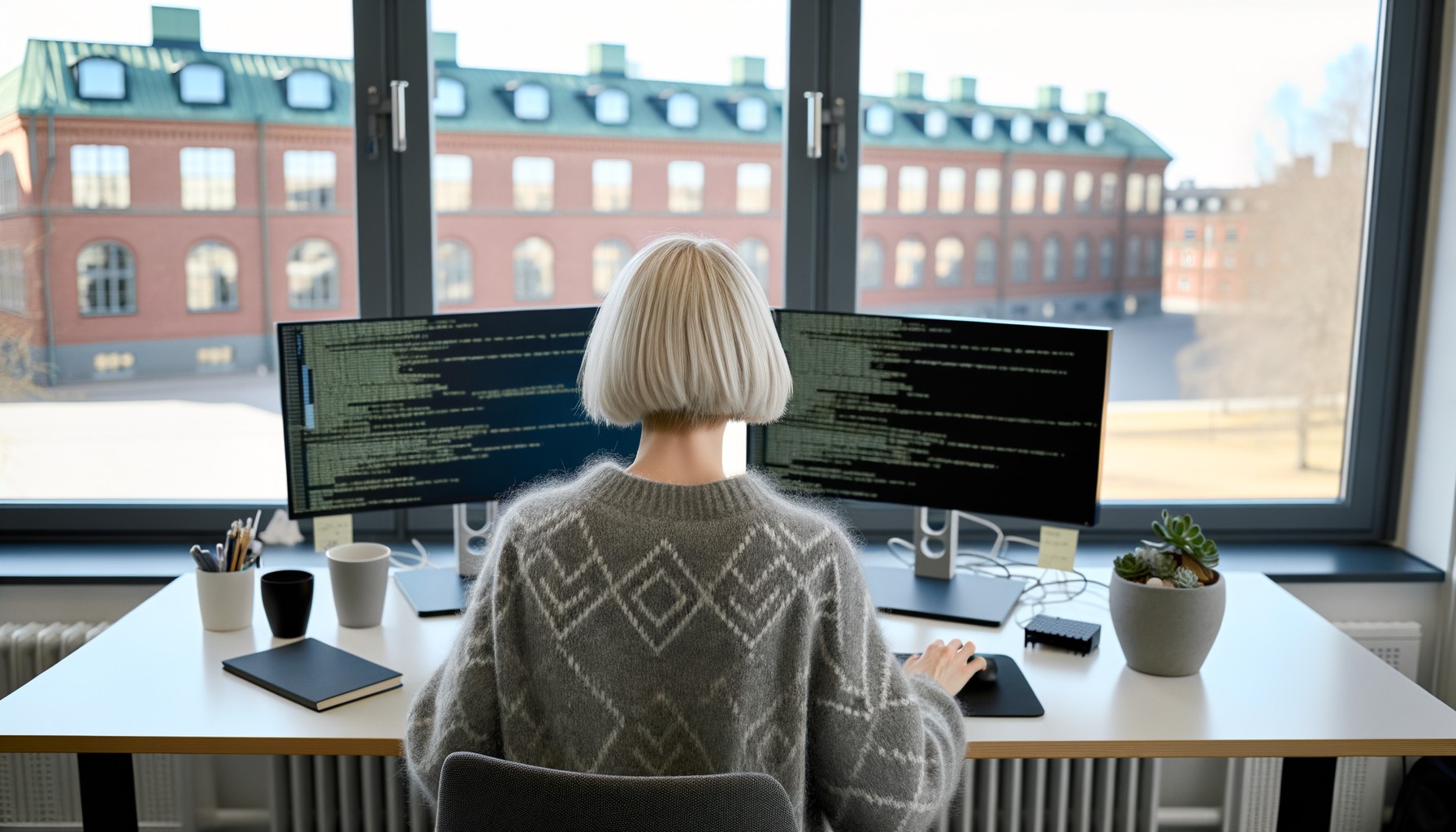 En forskare arbetar vid sin dator på KTH, fotograferad bakifrån. Personen sitter vid ett skrivbord med två skärmar som visar kod, omgiven av en ljus kontorsmiljö med stora fönster mot campus.