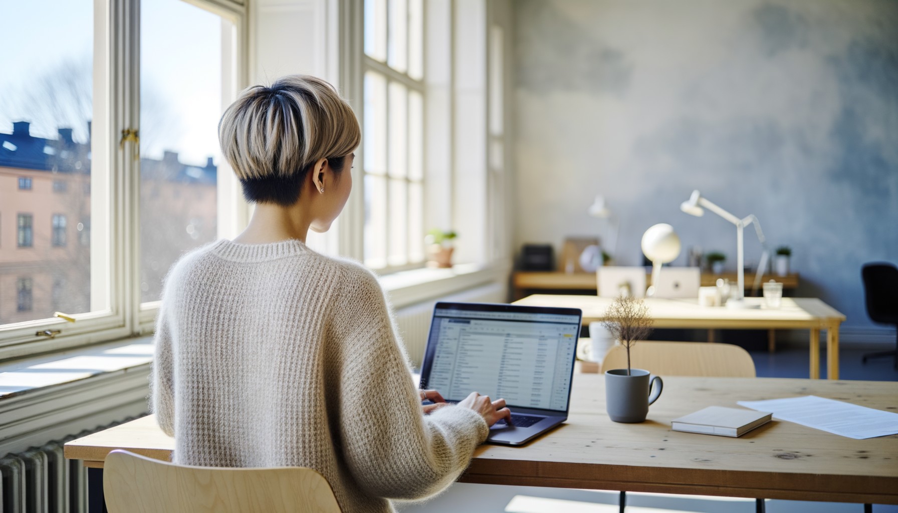 En kvinna arbetar vid sin laptop på ett ljust kontor, sedd bakifrån. På skärmen syns ett enkelt gränssnitt med filer och uppgifter.