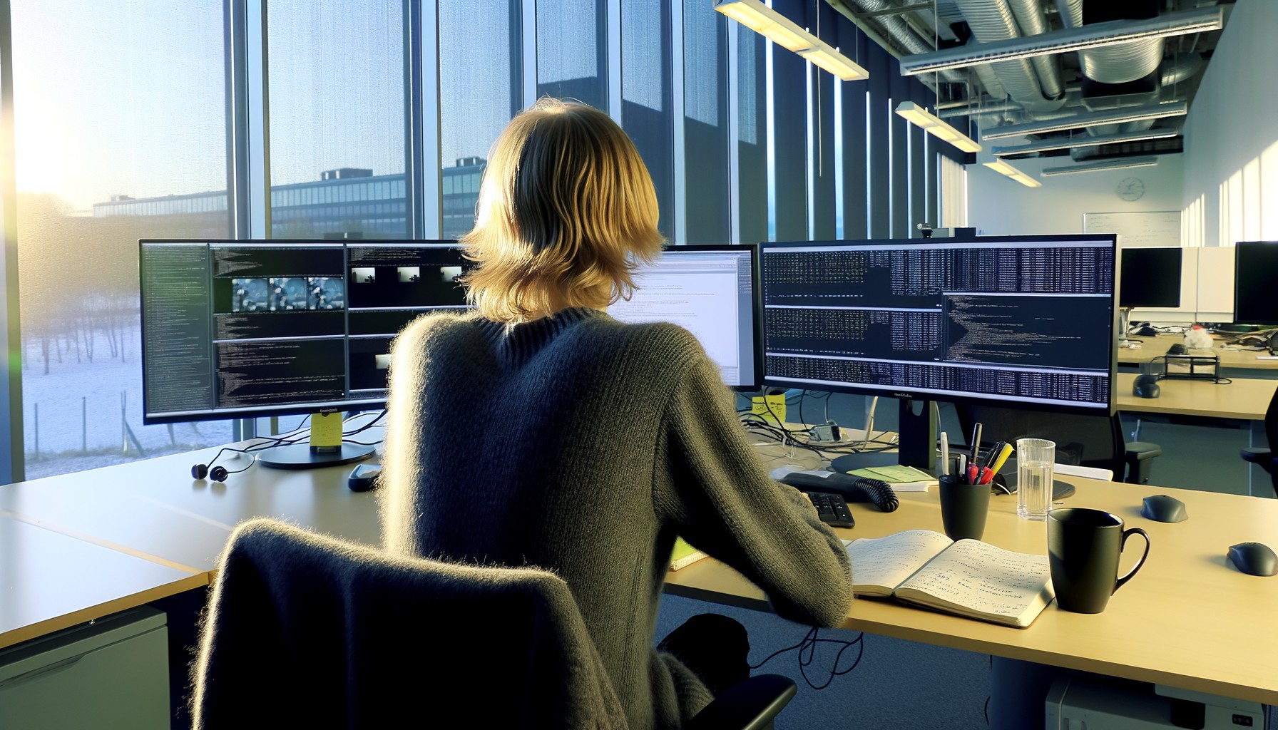 En forskare fotograferad bakifrån vid sin arbetsstation på ett AI-laboratorium, omgiven av datorskärmar och naturligt ljus från stora fönster