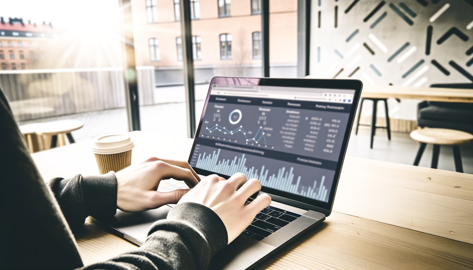 Närbildsfoto av händer som skriver på en laptop med affärsgrafer på skärmen, i ett ljust svenskt kontor med kaffekopp på träskrivbordet