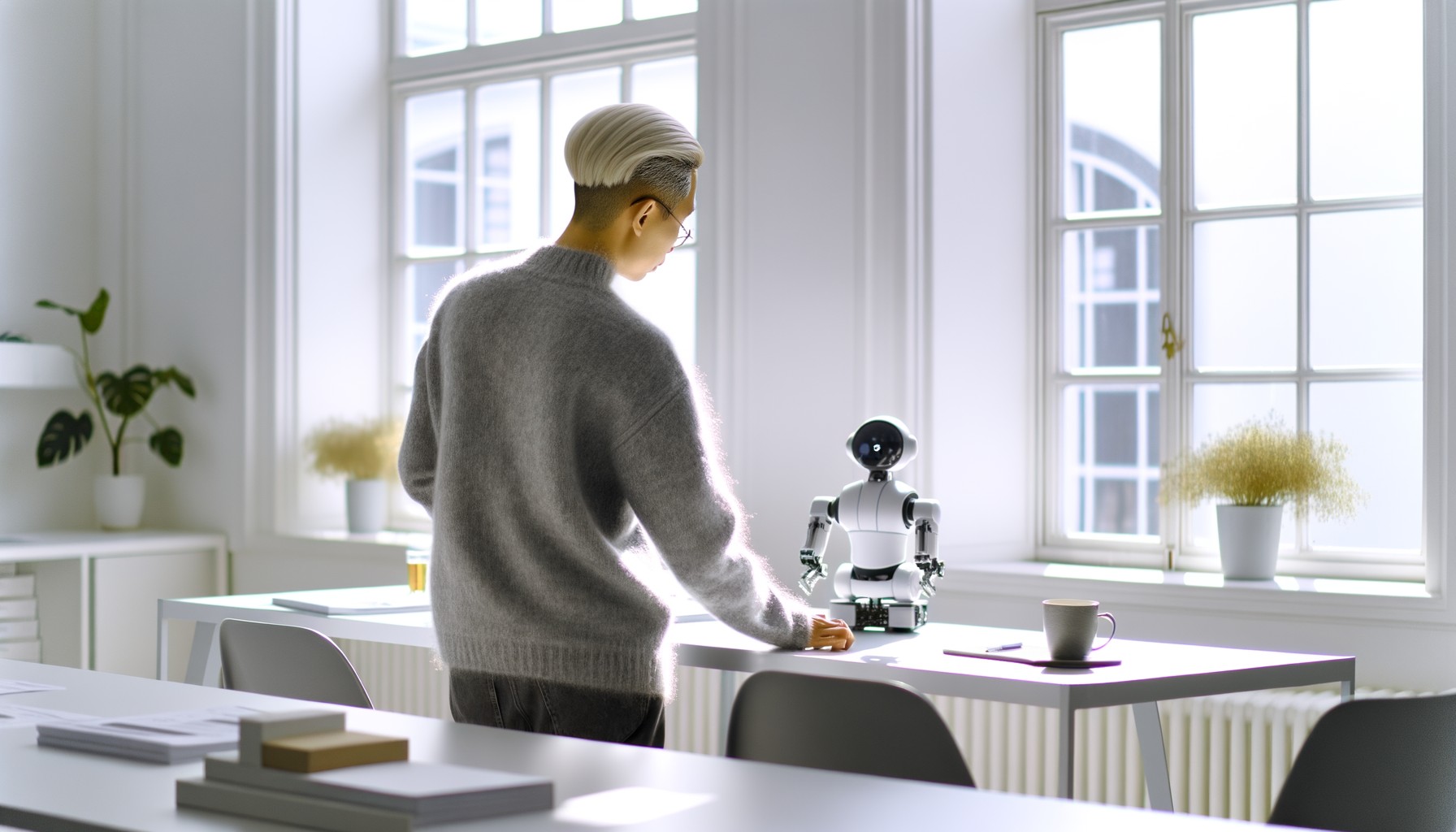 En forskare arbetar med en liten humanoid robot i ett ljust svenskt AI-laboratorium, fotograferad från sidan medan hen justerar robotens komponenter.