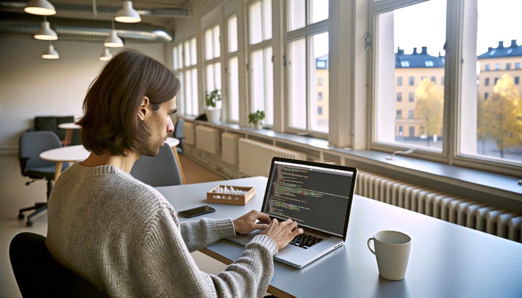 En programmerare arbetar vid en bärbar dator i ett ljust kontorsutrymme, fotograferad bakifrån medan hon skriver kod på skärmen.