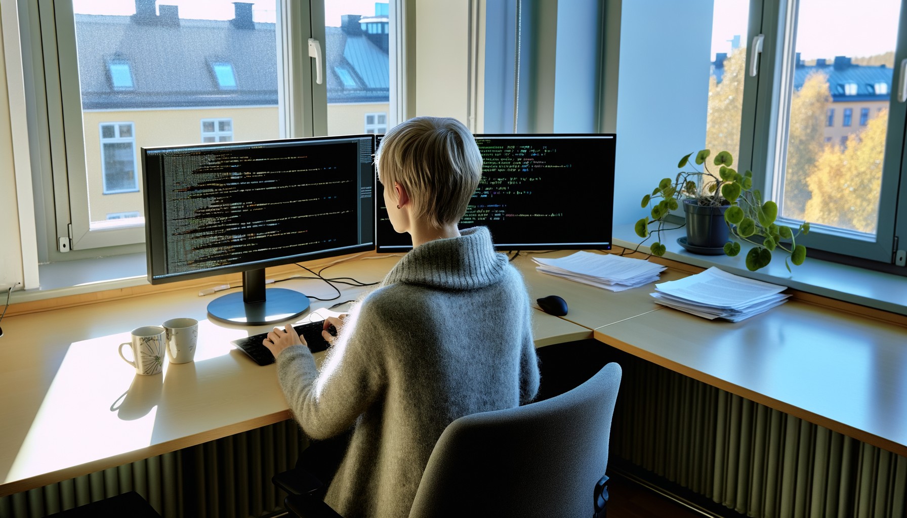 En forskare sedd bakifrån arbetar vid datorn med AI-kod på skärmen, i ljust universitetskontor med stora fönster