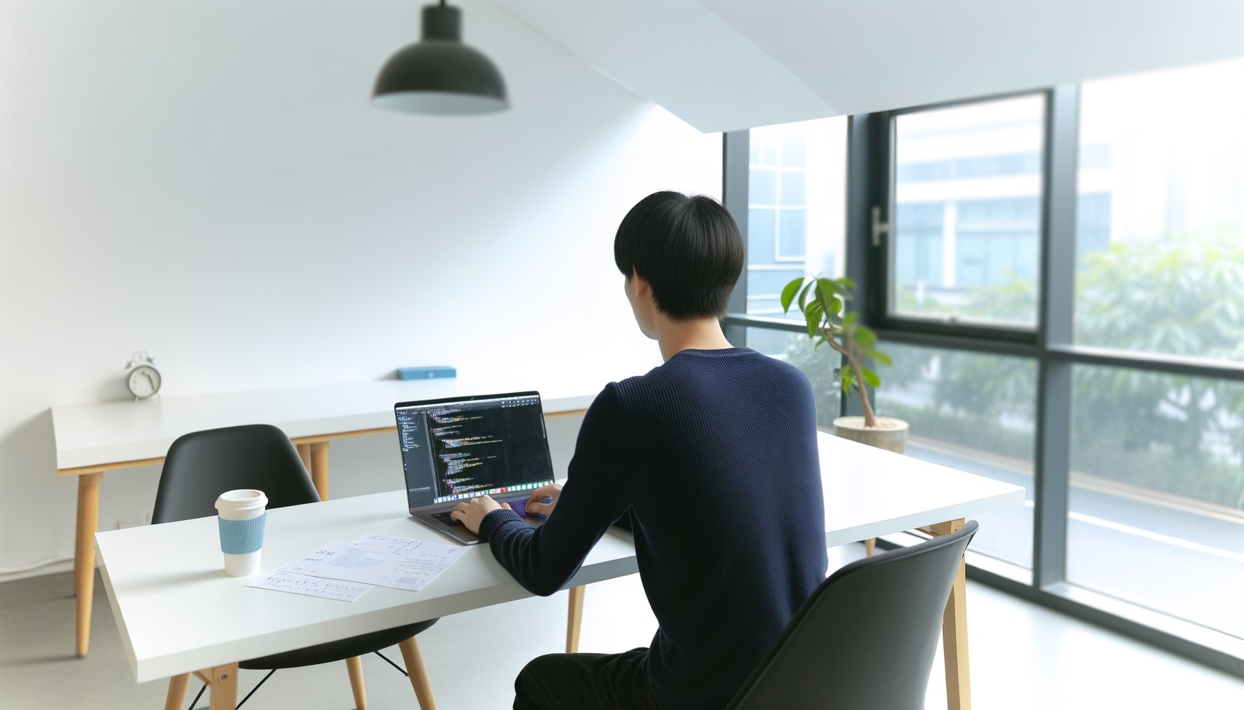 En mjukvaruingenjör fotograferad bakifrån arbetar vid en laptop på ett modernt kontor med naturligt ljus genom stora fönster.