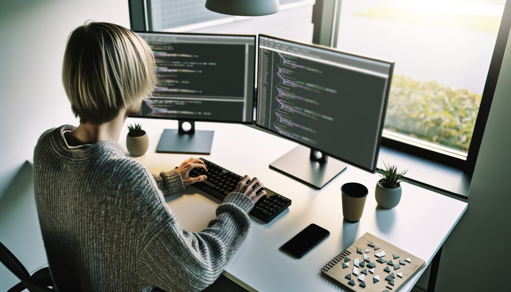 En programmerare arbetar vid datorn, fotograferad bakifrån. På skärmarna syns kod och enkla spelgrafiska element. Kontorsmiljö med naturligt ljus genom fönstren.