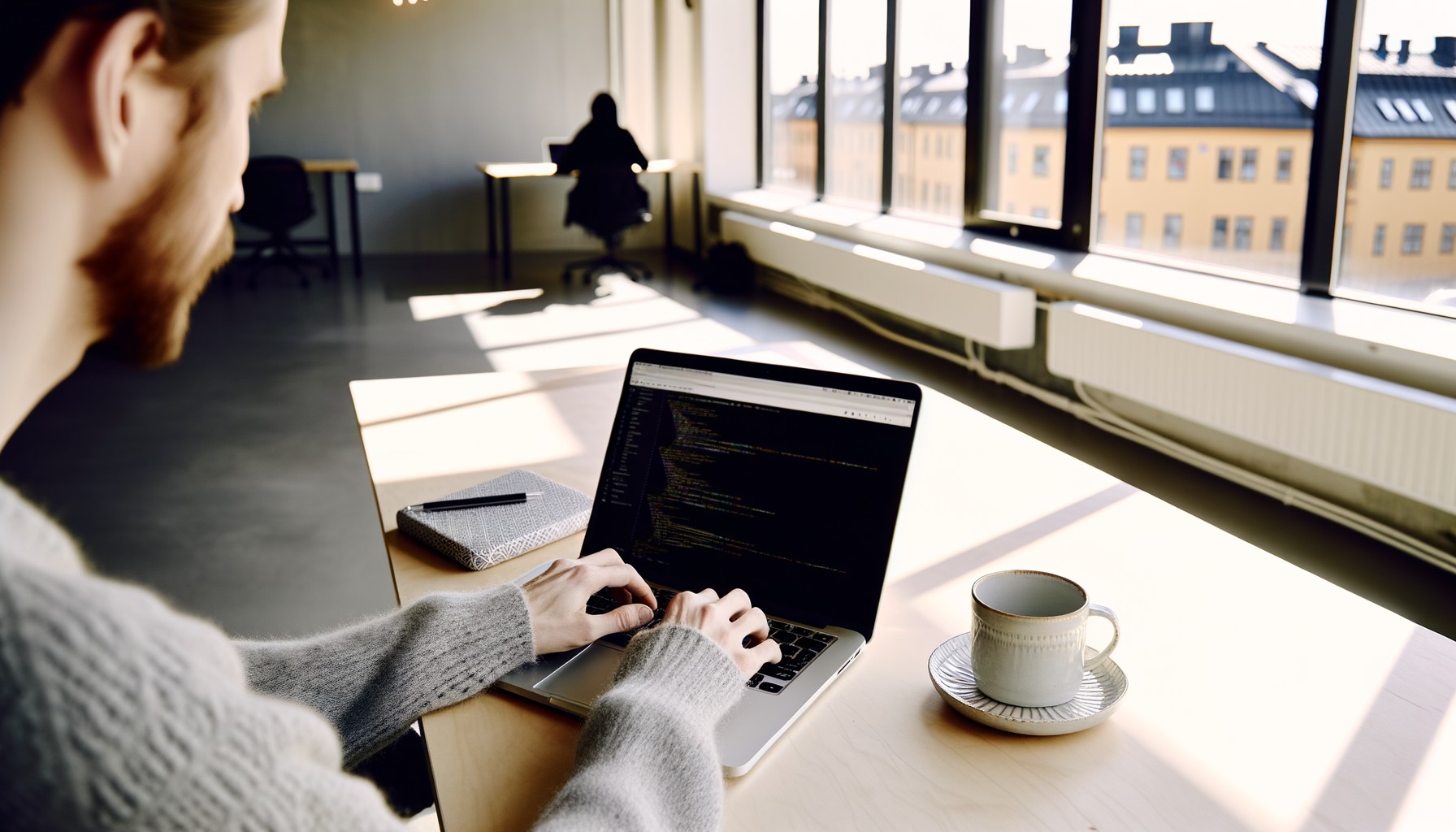 Närbild på händer som skriver kod på en laptop i ett coworking-space, med kaffekopp och anteckningsblock på skrivbordet