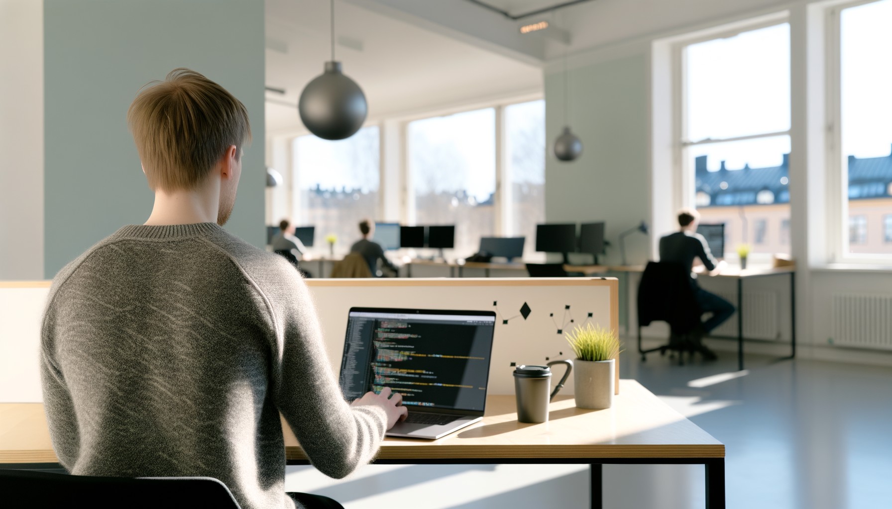 En utvecklare arbetar vid sin dator på ett modernt kontor i Stockholm, fotograferad bakifrån med naturligt dagsljus genom stora fönster