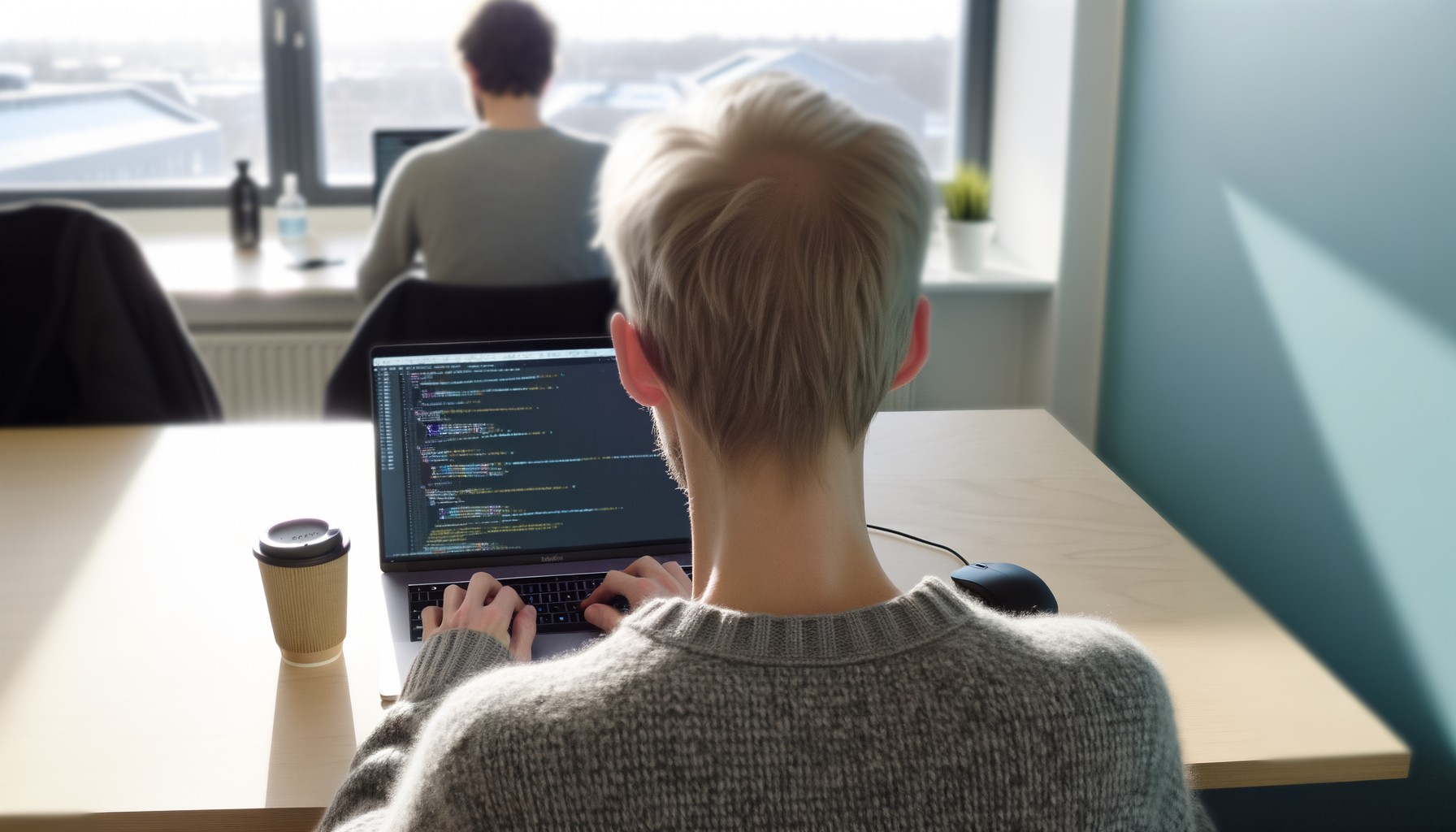 En utvecklare arbetar vid en bärbar dator på ett svenskt teknikkontor, fotograferad över axeln så att ansiktet inte syns. Ljust nordiskt dagsljus lyser upp arbetsplatsen.
