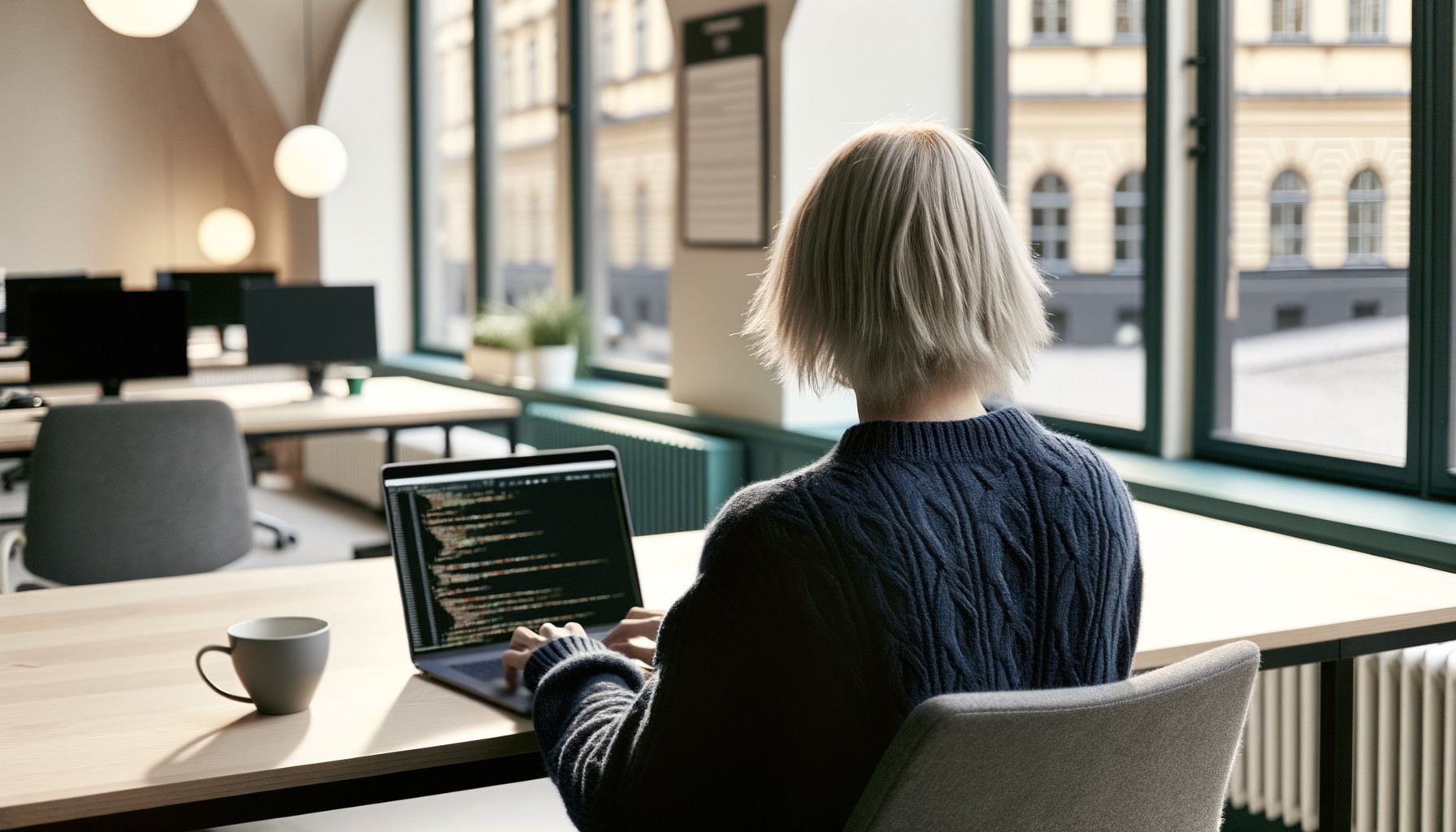 En mjukvaruutvecklare sitter vid sin dator på ett ljust kontor i Stockholm, fotograferad bakifrån medan hen arbetar med kod på skärmen. Naturligt ljus strömmar in genom stora fönster.