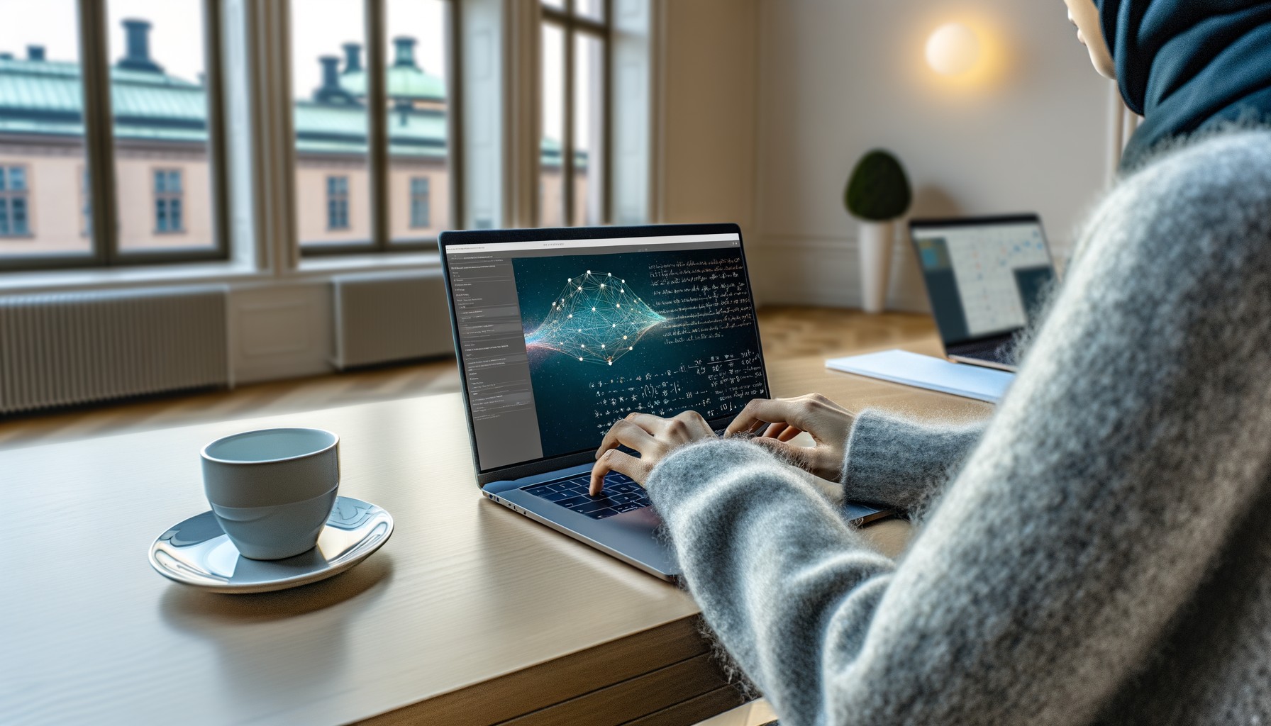 En person i grå tröja arbetar vid en laptop med komplexa matematiska beräkningar på skärmen, fotograferad från sidan i ett modernt forskningslaboratorium med stora fönster och vinterljus.