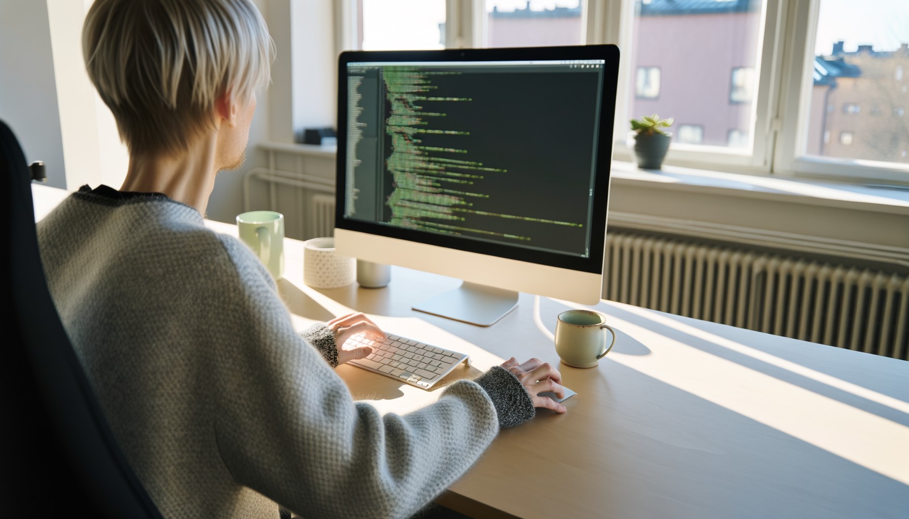 En utvecklare arbetar vid datorn, fotograferad bakifrån medan hen skriver kod på en stor skärm i ett ljust kontorslandskap.